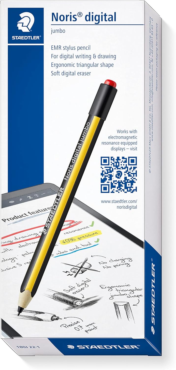 STAEDTLER Noris Jumbo Digital Stylus Pen: No Charging, EMR Palm Rejection, 4.096 Pressure Levels, Hexagonal Shape, Natural Writing and Drawing on Touchscreen Tablet, Laptop, Phone