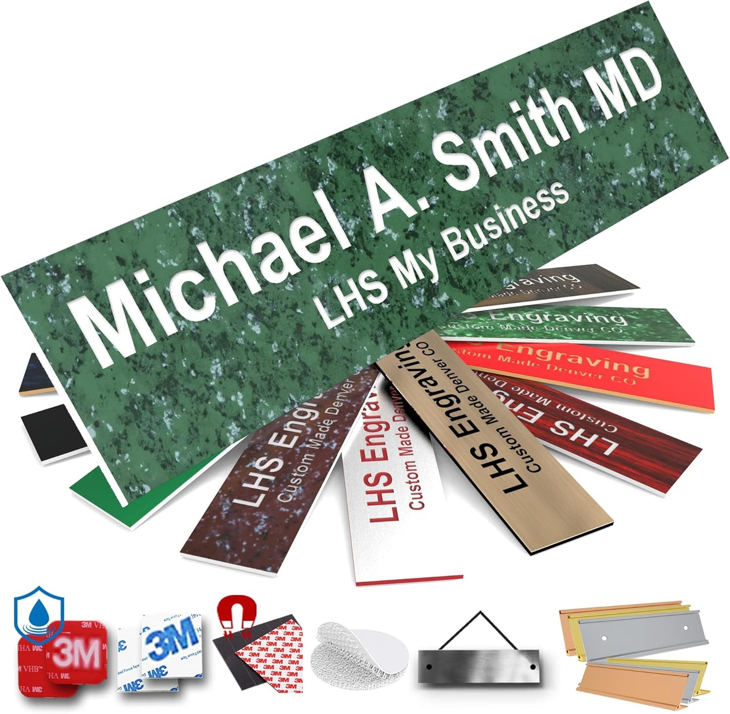 Engraved Name Plates for Door Sign Personalized Green Marble Plastic Plaque with White Letters - Made in USA 2x10 S4