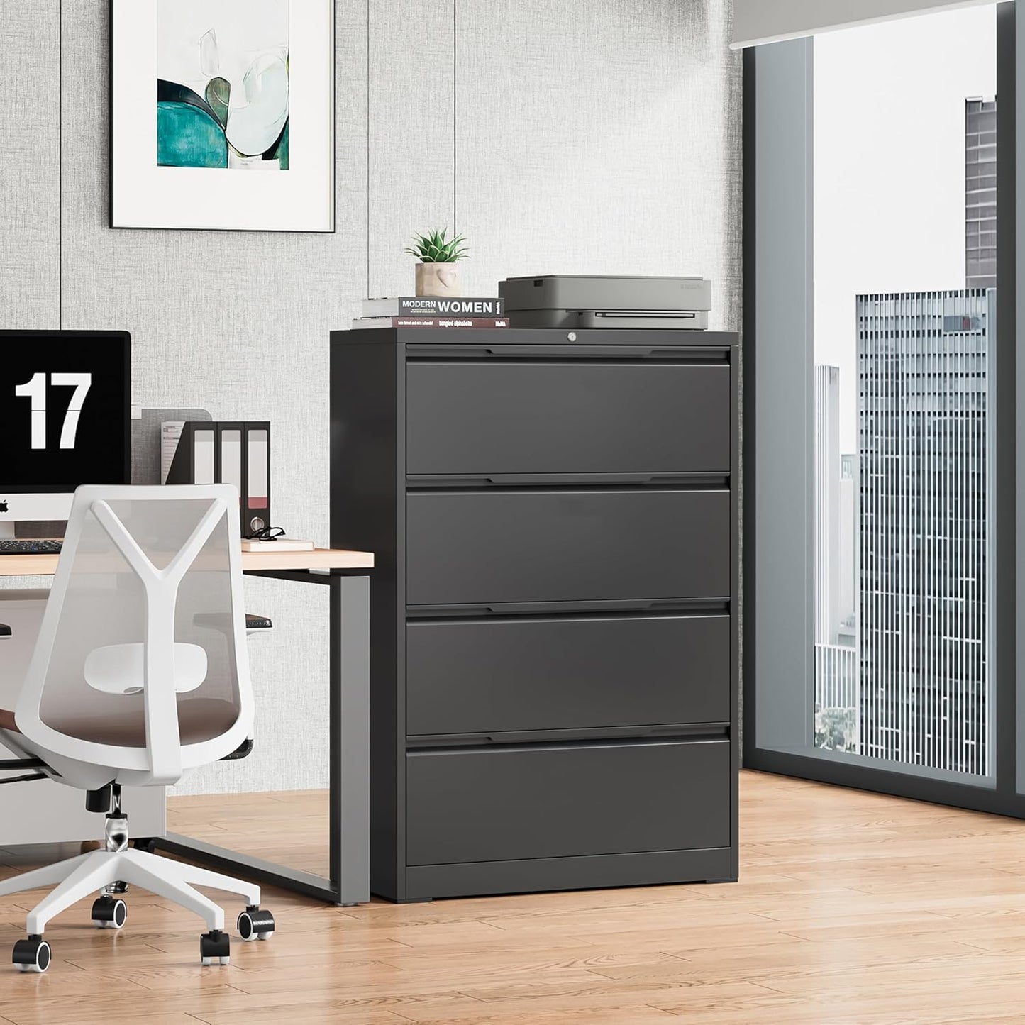 4 Drawer Lateral File Cabinet, Metal Lateral Filing Cabinet with Lock for Hanging Files Letter/Legal/F4/A4 Size, Easy Assemble Black