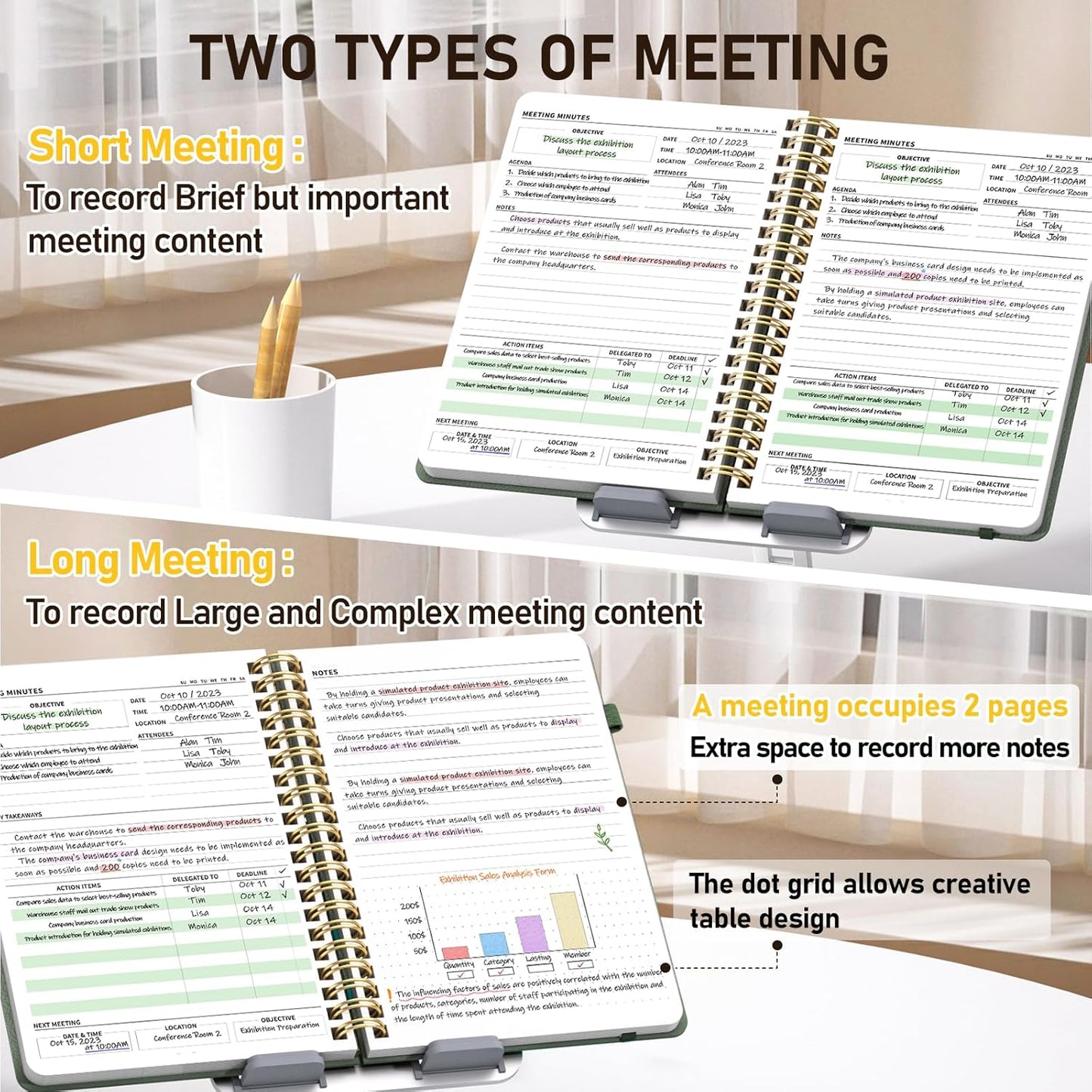 WEMATE Meeting Notebook for Work B5 (7"x10") - PU Leather Work Notebook with Agenda, Action Items & Notes - 200 Pages for Men&Women, Staff and Students, Meeting, Projects Planning - Olive Green