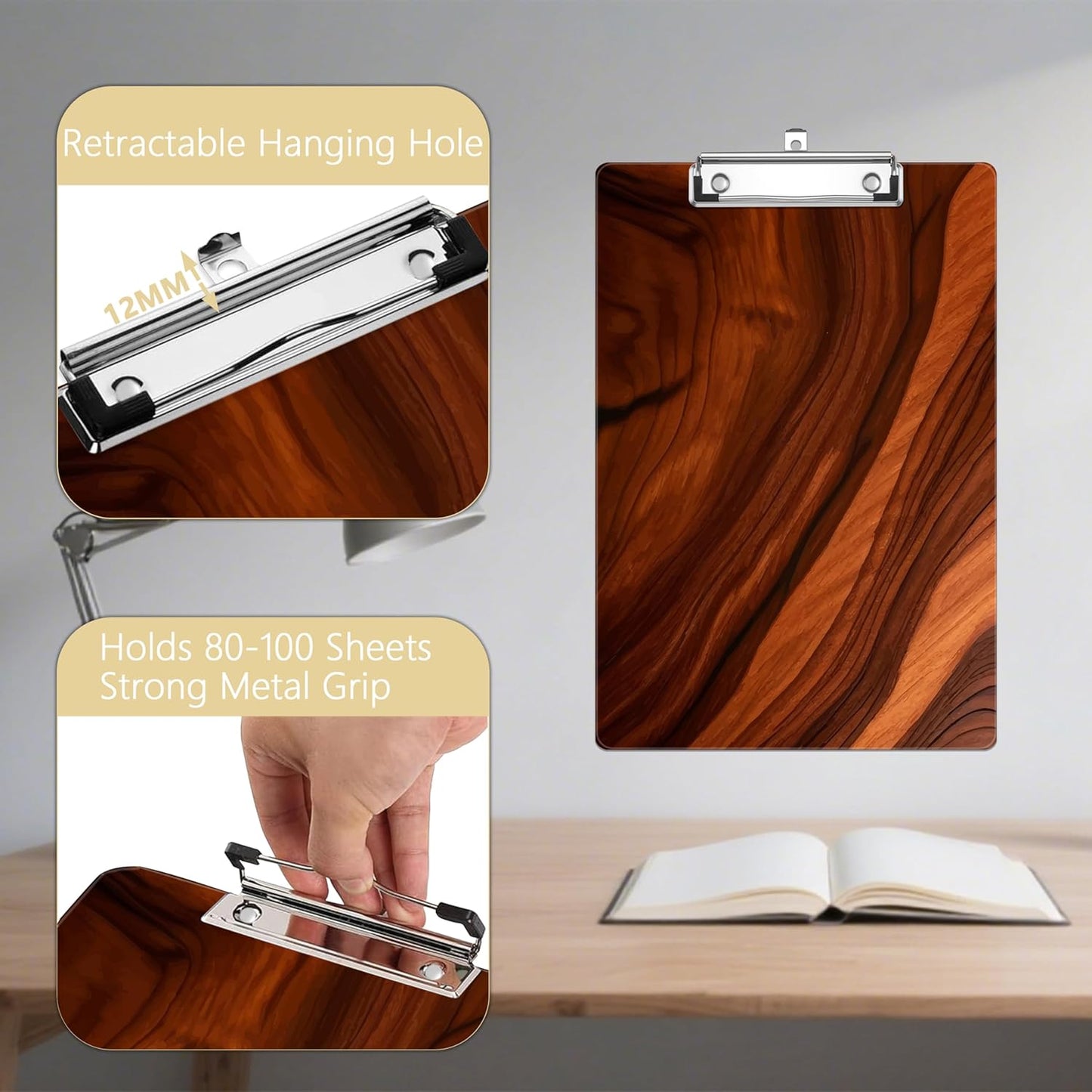 Wood Print Plastic Clipboards,Decorative Plastic Acrylic Clipboard for Teacher Social Worker Students Office Supplies 8 * 12