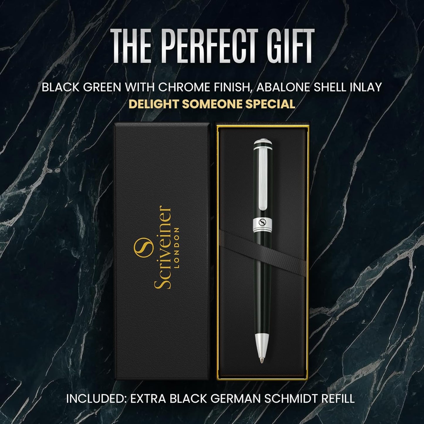 Scriveiner Black Green Ballpoint Pen - Black Green Luxury Pen, Chrome Finish, Schmidt Black Refill, Best Ball Pen Gift Set for Men & Women, Professional Executive Office, Nice Designer Pen