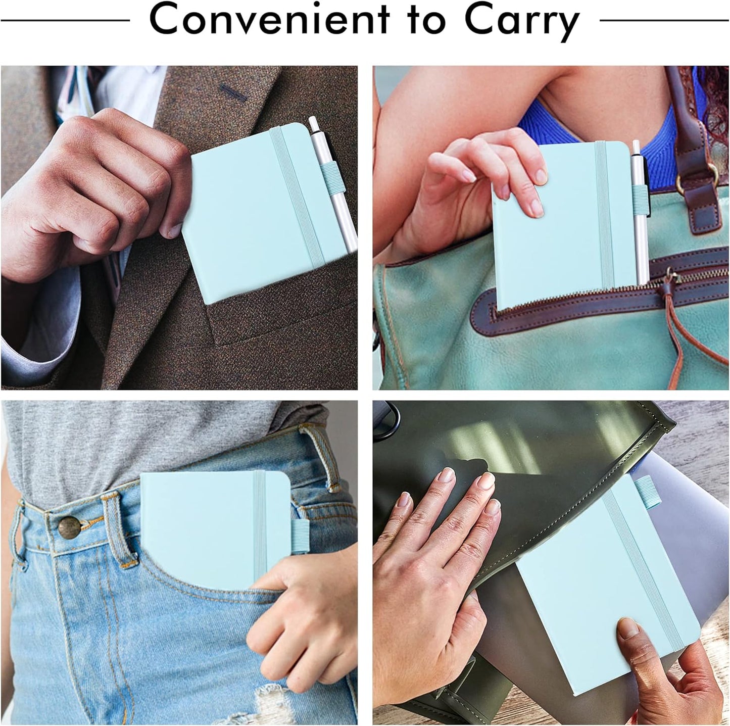 feela 3 Pack Pocket Small Notebook Journals, Mini Cute Memo Notepad Hardcover College Ruled Lined Journals with Pen Holder for Women Girls Office School, with 3 Black Pens, 3.5”x 5.5”, A6, Sky Blue