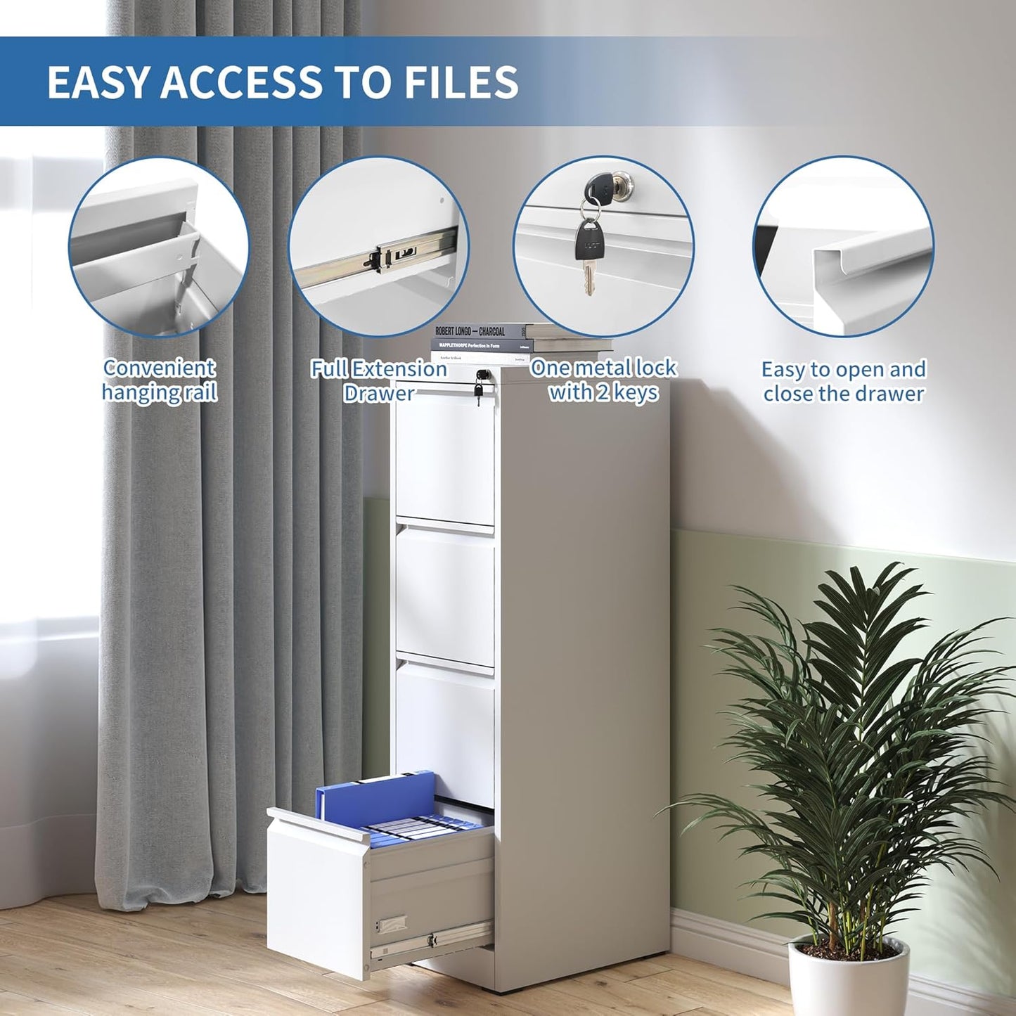 4 Drawer File Cabinet, Metal Vertical Filing Cabinets for Home Office, Steel Storage Cabinet for Hanging Legal/Letter Size Files, Assembly Required (White)