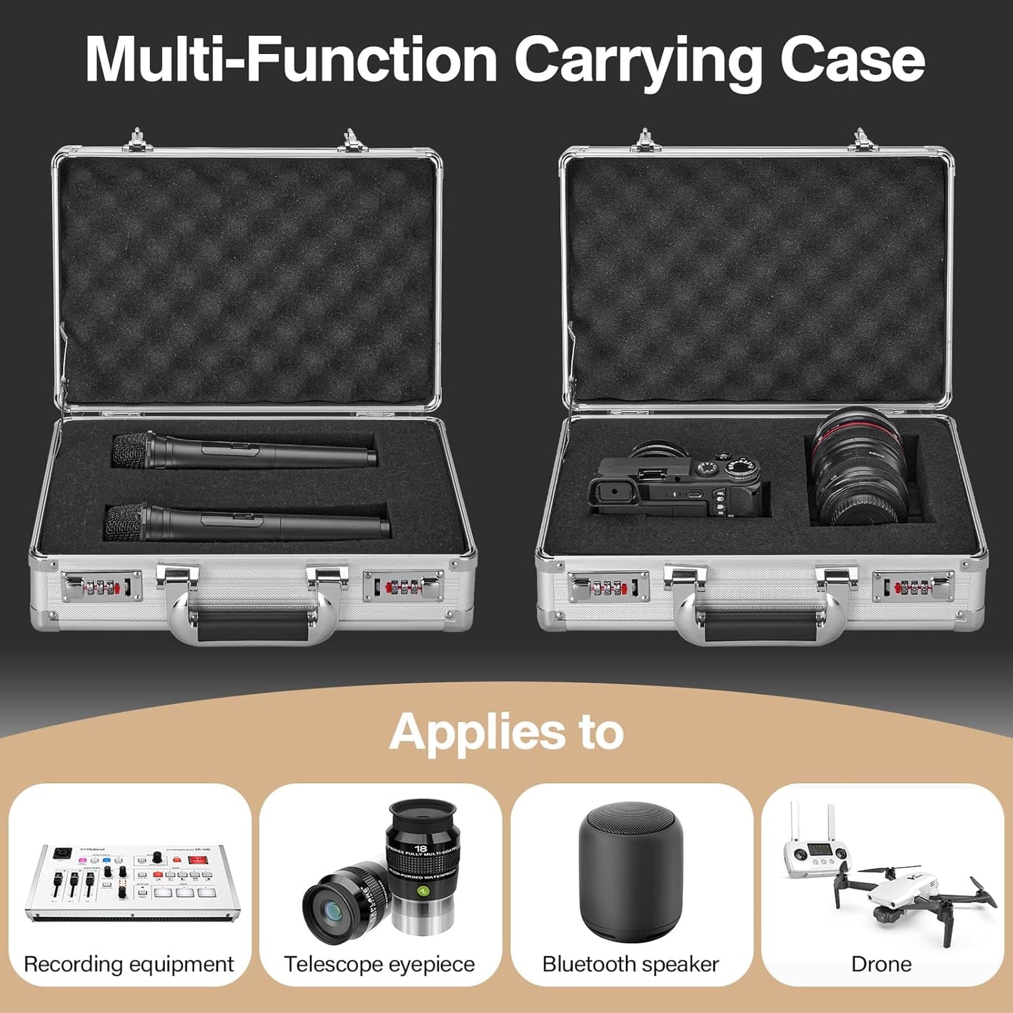 Combination Lock Box - Locking Storage Case with Customizable Foam, 14.2" Portable Lockable Case for Personal Items, Valuables, Documents, Briefcase for Jewelry, Cash, Medications, Silver