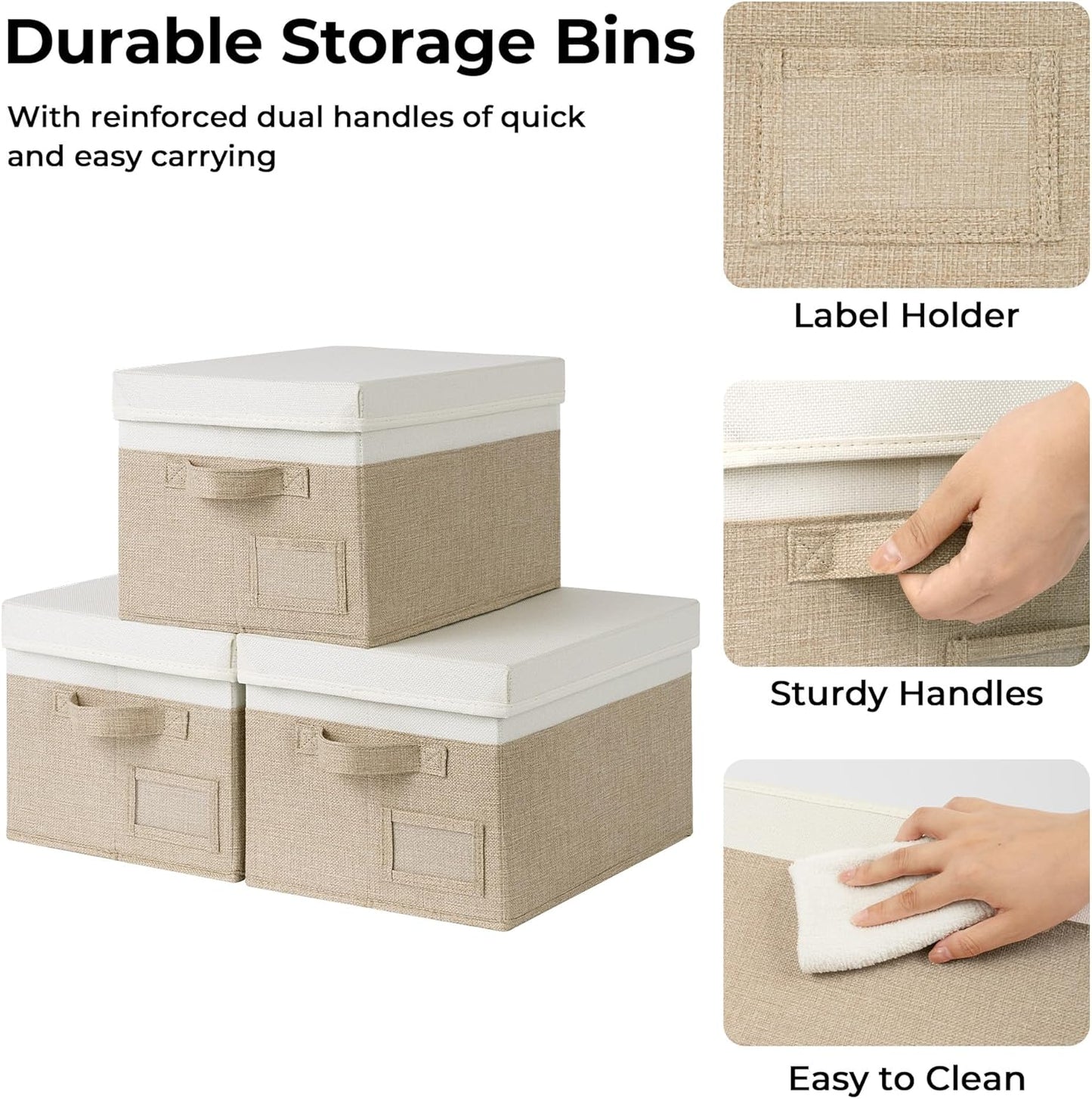 GRANNY SAYS Storage Basket with Lid, Linen Fabric Storage Bins for Shelves, Decorative Storage Boxes, Clothes Storage and Organization, Memory Keepsake Box, 3-Pack, Khaki&Ivory