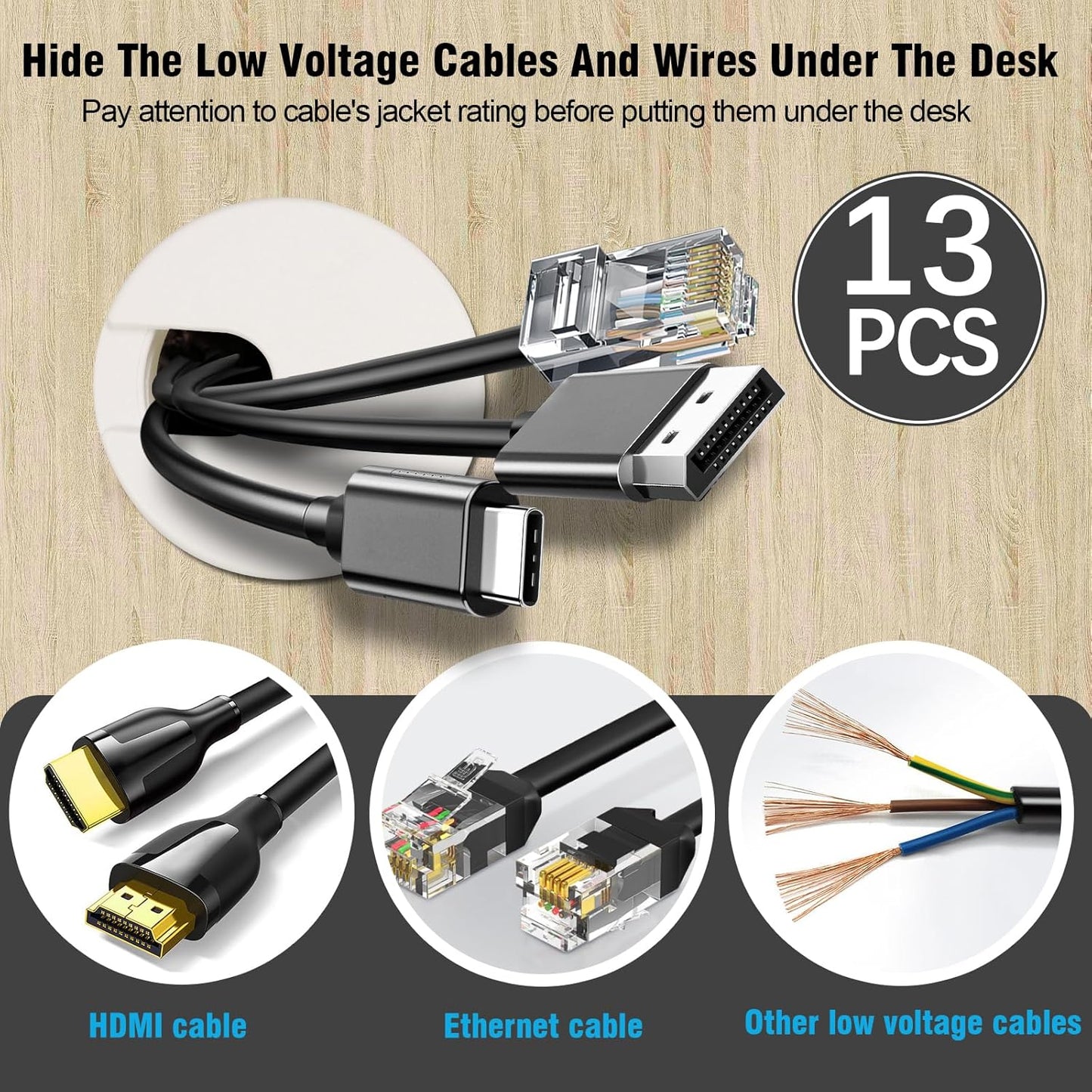 1-3/8" White Desk Grommet with Bi-Metal Hole Saw, JTemgle Plastic Cable Hole Cover Computer Table Cord Wire Organizer Caps, Desktop Cord Management for Home Office TV Stands Tabletops, 13 Pieces