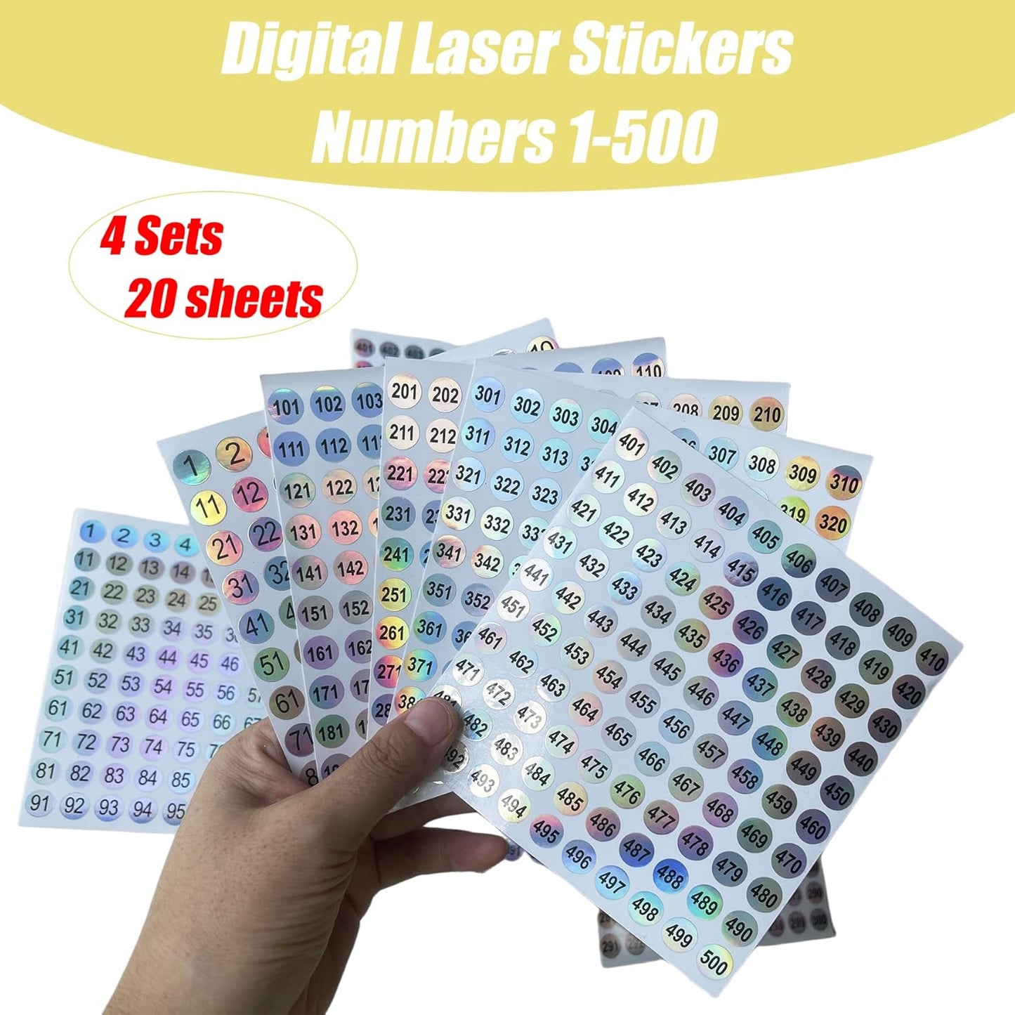 20 Sheets 1 to 500 Waterproof Reflective Laser Number Stickers,Round Self Adhesive Stickers/Inventory/Storage Organizing Sticker