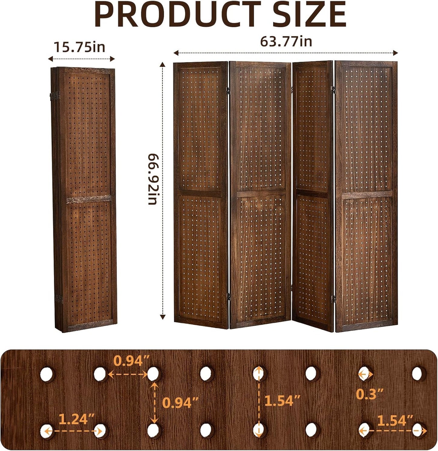 4 Panel Pegboard Display with 16 Hooks, Wooden Room Divider Wall and Folding Privacy Screens, Privacy Dividers for Rooms, Pegboard Room Divider, Jewelry Store, Bedroom, Balcony, Dark Brown