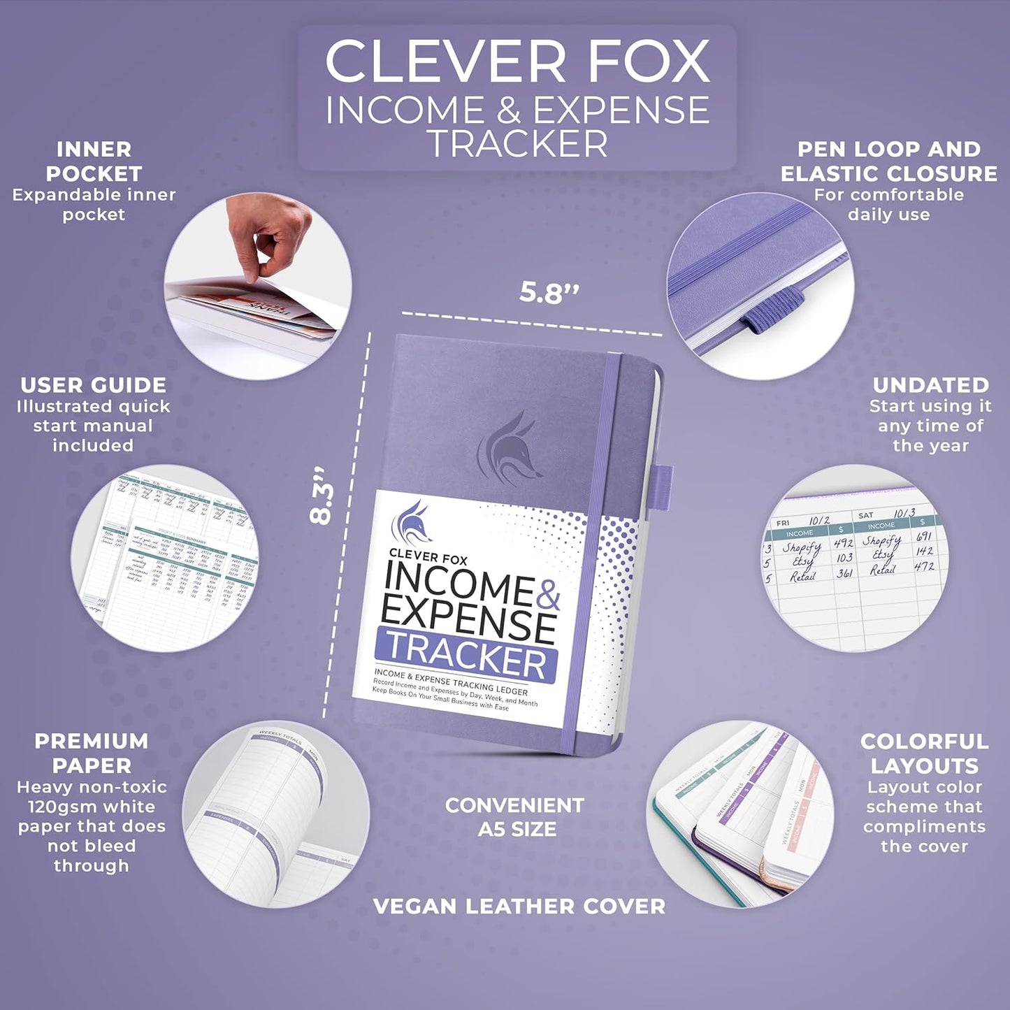 Clever Fox Income & Expense Tracker – Accounting & Bookkeeping Ledger Book for Small Business – 1-Year Record Notebook, A5 (Lavender)