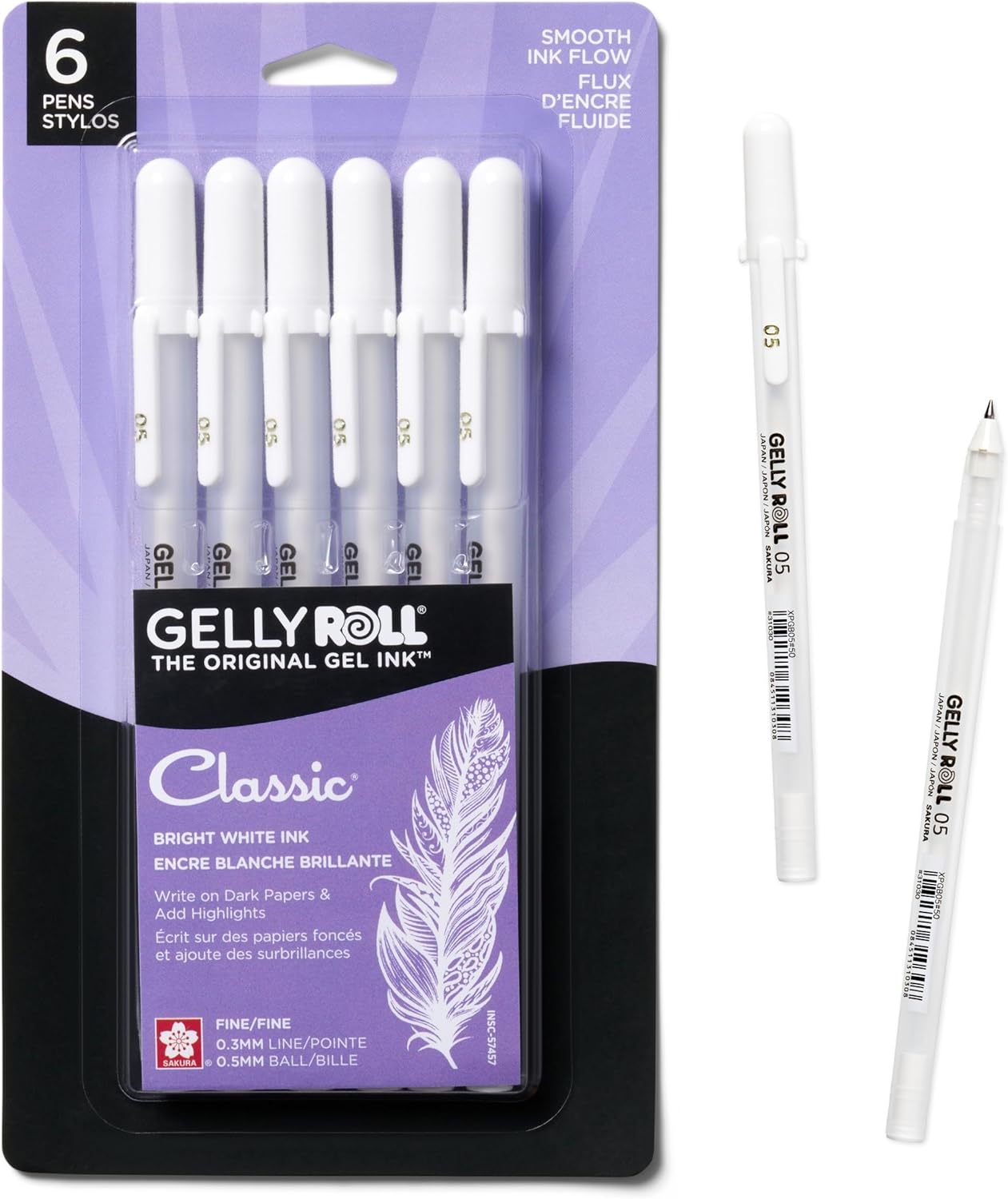 SAKURA Gelly Roll Gel Pens - Fine Tip Ink Pens for Journaling, Art, or Drawing - Classic White Ink - All are Tip Size Fine 05-6 Pack