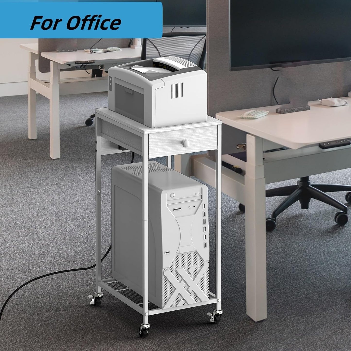 Computer Tower Stand, Adjustable PC Tower Stand CPU Holder Cart with Charge Station and USB Charging Port, 2 Tier Printer Stand with Wood Storage Drawer for Home Office Fax, White