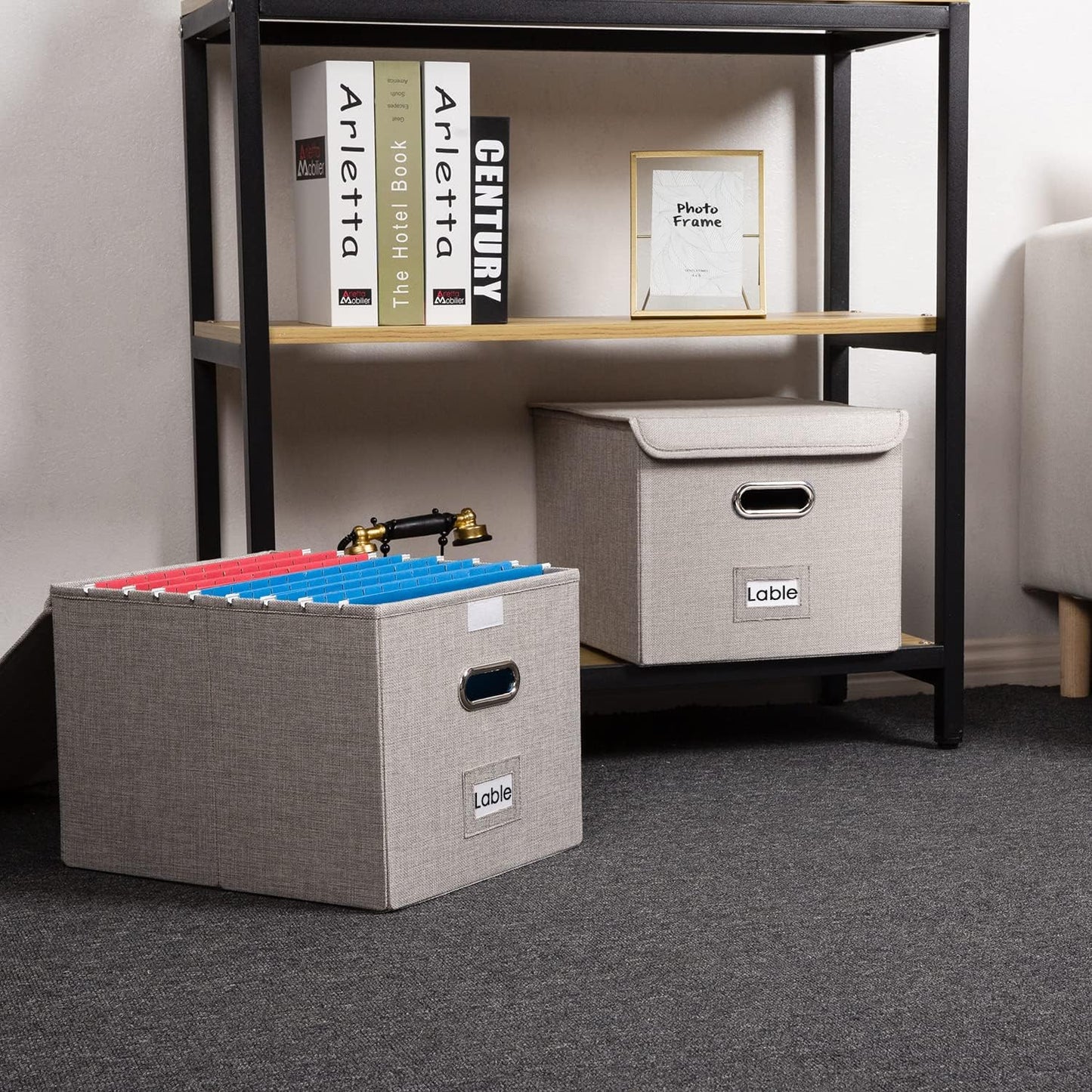 PRANDOM File Organizer Box - Set of 1 Collapsible Decorative Linen Filing Storage Hanging File Folders with Lids Office Cabinet Letter Size Light Grey (15x12.2x10.75 inch)