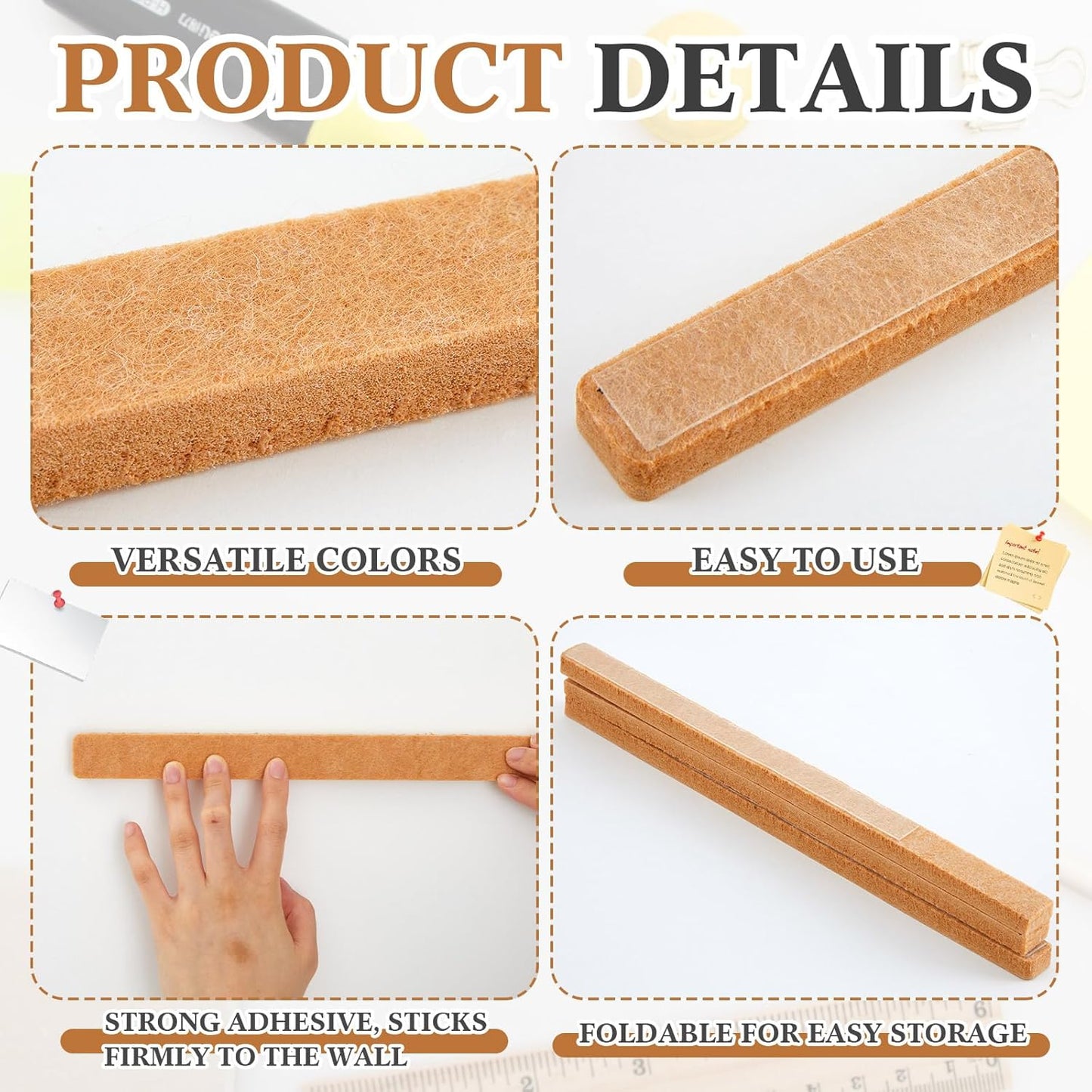 4 Pcs 48" x 1" Foldable Felt Cork Strips Bulletin Bar Strip for Wall,Notice Board Self Adhesive Cork Wall Decoration,Paste Note,Photo,Schedules,Office Home Decor