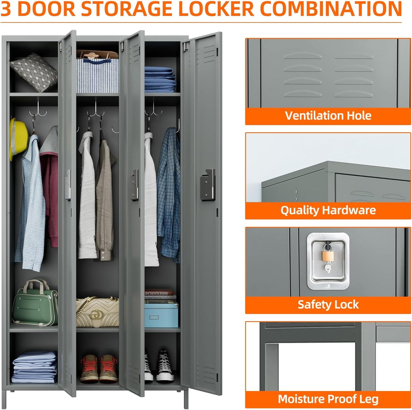 Metal Storage Locker with 3 Doors,Metal Locker for Employees with 9 Hooks for School Garage Office Gym Home,Assembly Required,Light Grey