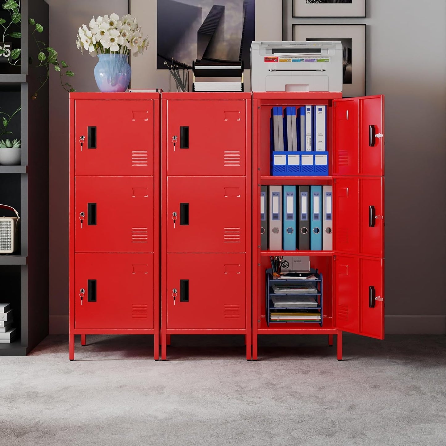 Metal Storage Locker with Ventilation Holes, Metal Storage Locker with Lock and Card Slof for Children Room, School, Office, Home,47.3" H x 15.8" W x 15.8" D,Assembly Required,Red