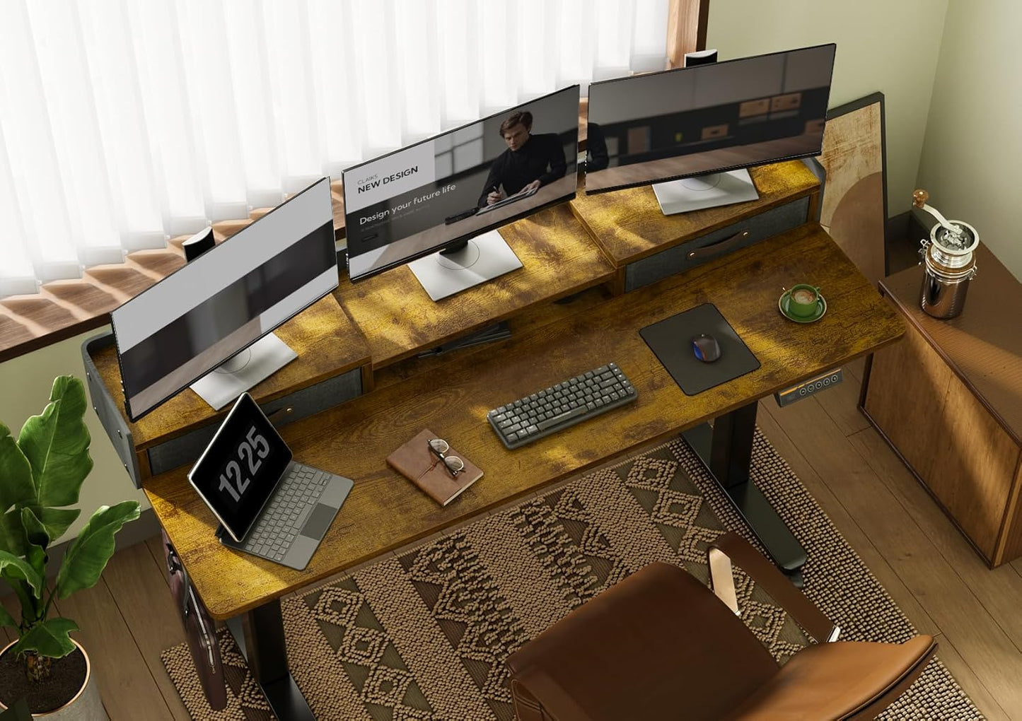 Claiks Standing Desk with Drawers, Adjustable Stand Up Electric Standing Desk Adjustable Height with Storage Shelf and Splice Board, 59 Inch, Rustic Brown