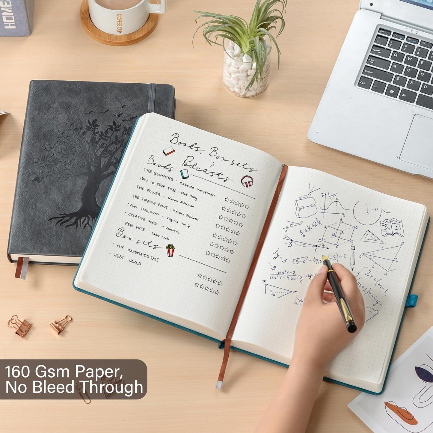 ZXHQ B5 Bullet Dotted Journal Notebook:150gsm Thick Paper, 256 Pages, Dot Grid Hardcover, Tree of Life Design, Fine Inner Pocket - 7.7" × 10" Dark Grey