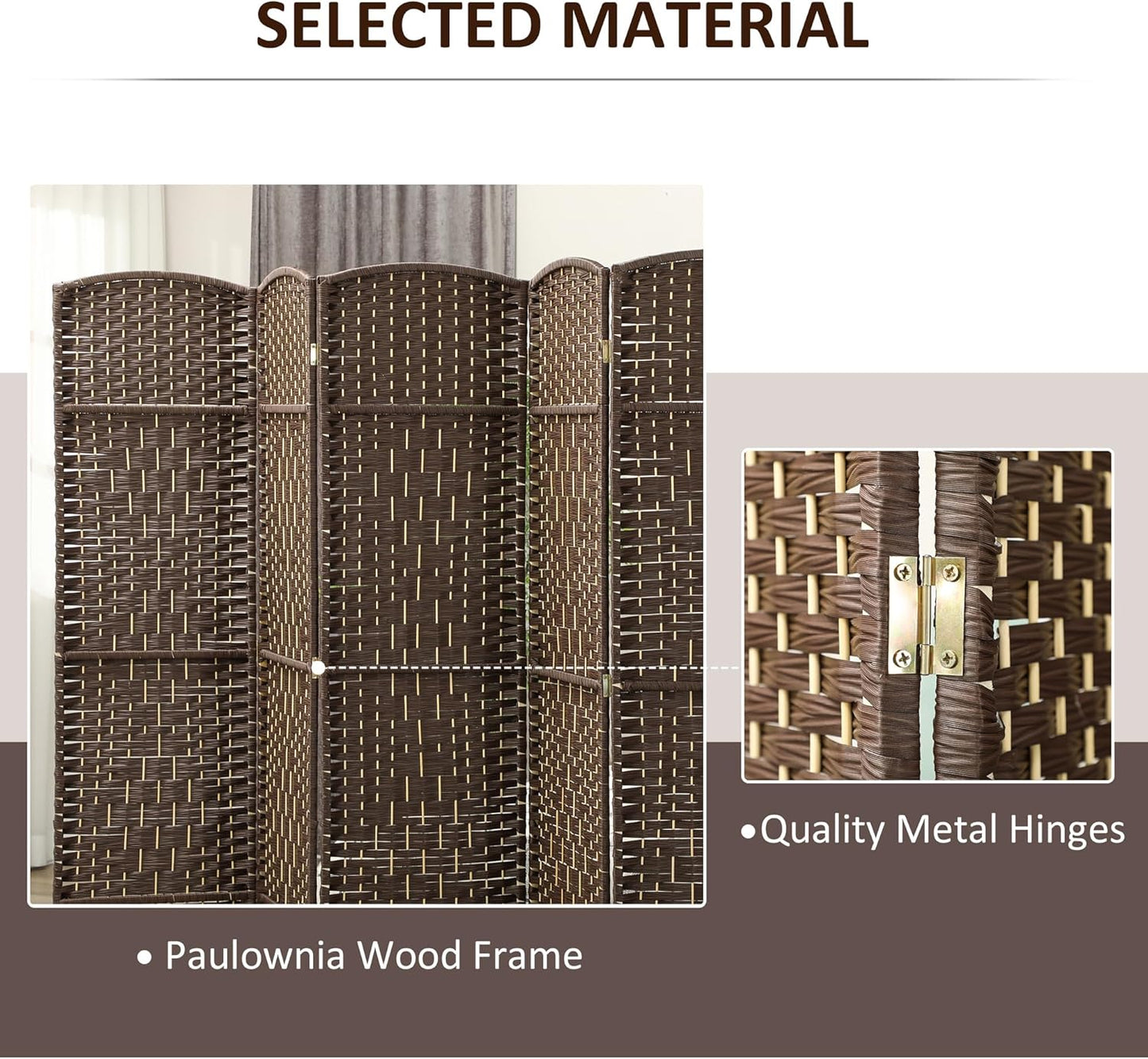 HOMCOM 6 Panel Room Divider, 6' Tall Folding Privacy Screen, Hand-Woven Freestanding Wall Partition for Home Office, Bedroom, Brown