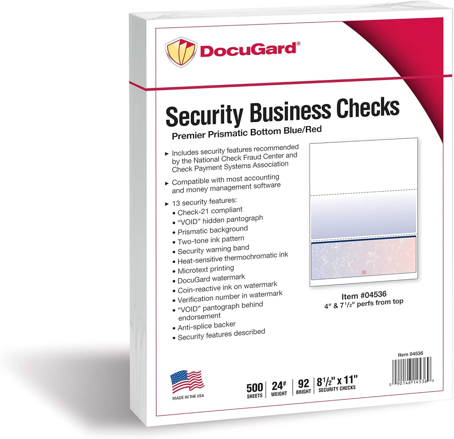 DocuGard Blue/Red Premier Prismatic Bottom High Security Check Paper - Laser/Inkjet Printer Compatible - 13 Security Features - 500 Blank Business Checks (04536)
