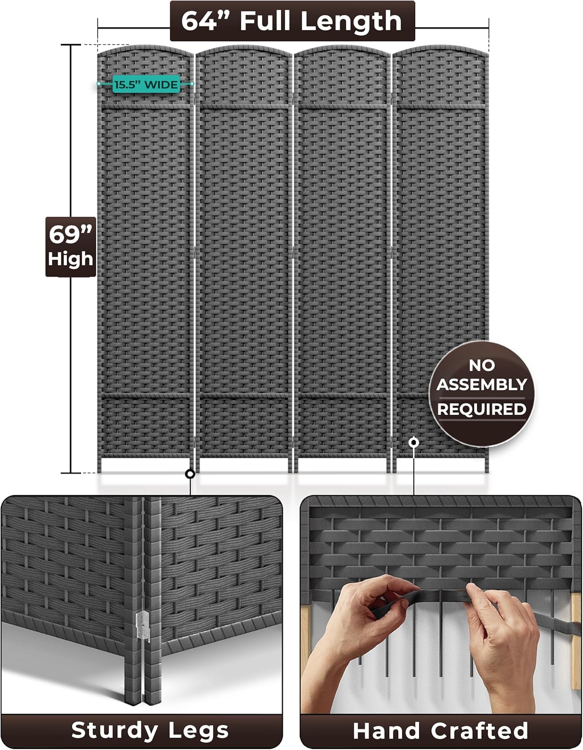 Sorbus 4 Panel Room Divider 6 ft. Tall - Privacy Screen, Extra Wide Double Hinged Panels, Mesh Hand-Woven Design, Partition Room Dividers and Folding Privacy Screens, Wall Divider for Room Separation