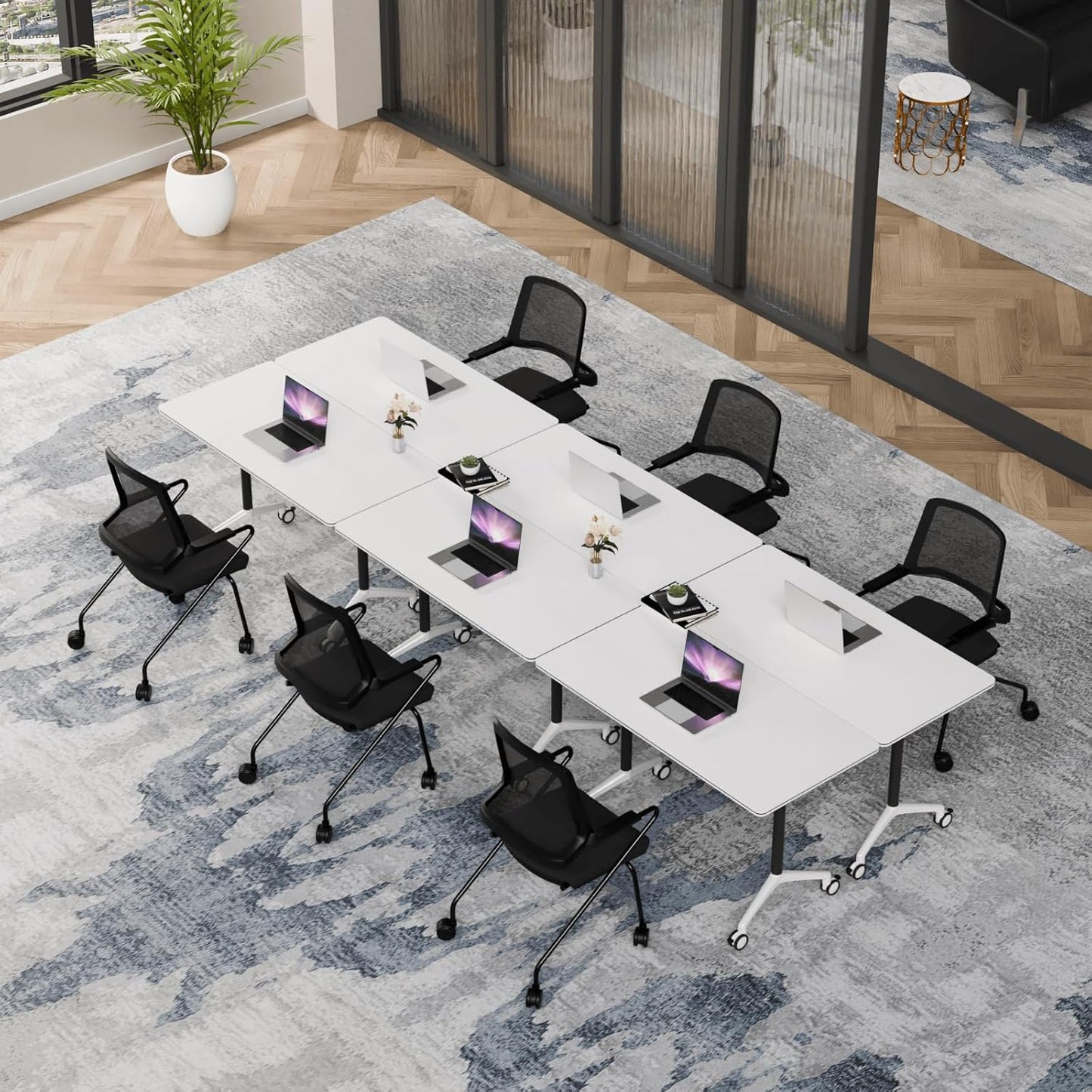 Folding Conference Table, Modern Conference Room Tables with Flip-Top Design, Foldable Conference Table Meeting Table with Wheels, Mobile Seminar Training Tables for Office Classroom (2, White 2)