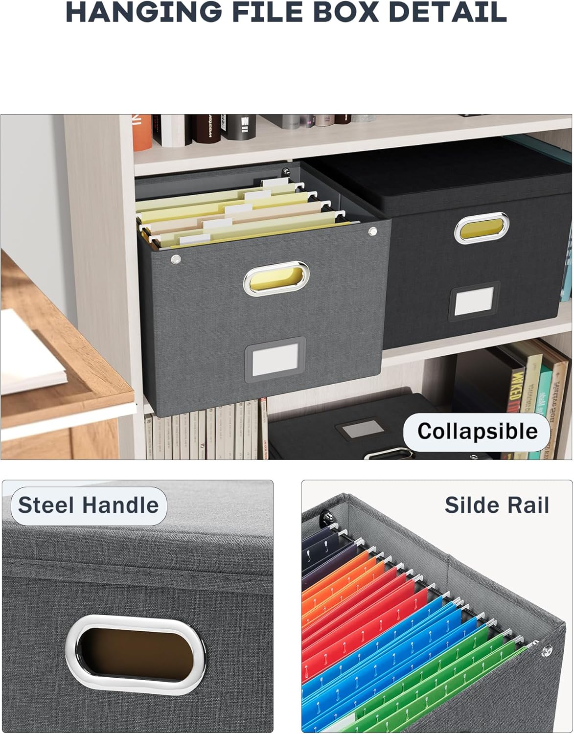 Oterri File Organizer Box with Lid,Large Hanging Filing Box with Mesh Pocket, Document Organizer for Letter Files, Portable Storage Case with Smooth Sliding Rail for Office&Home (1 PCS, Dark grey)