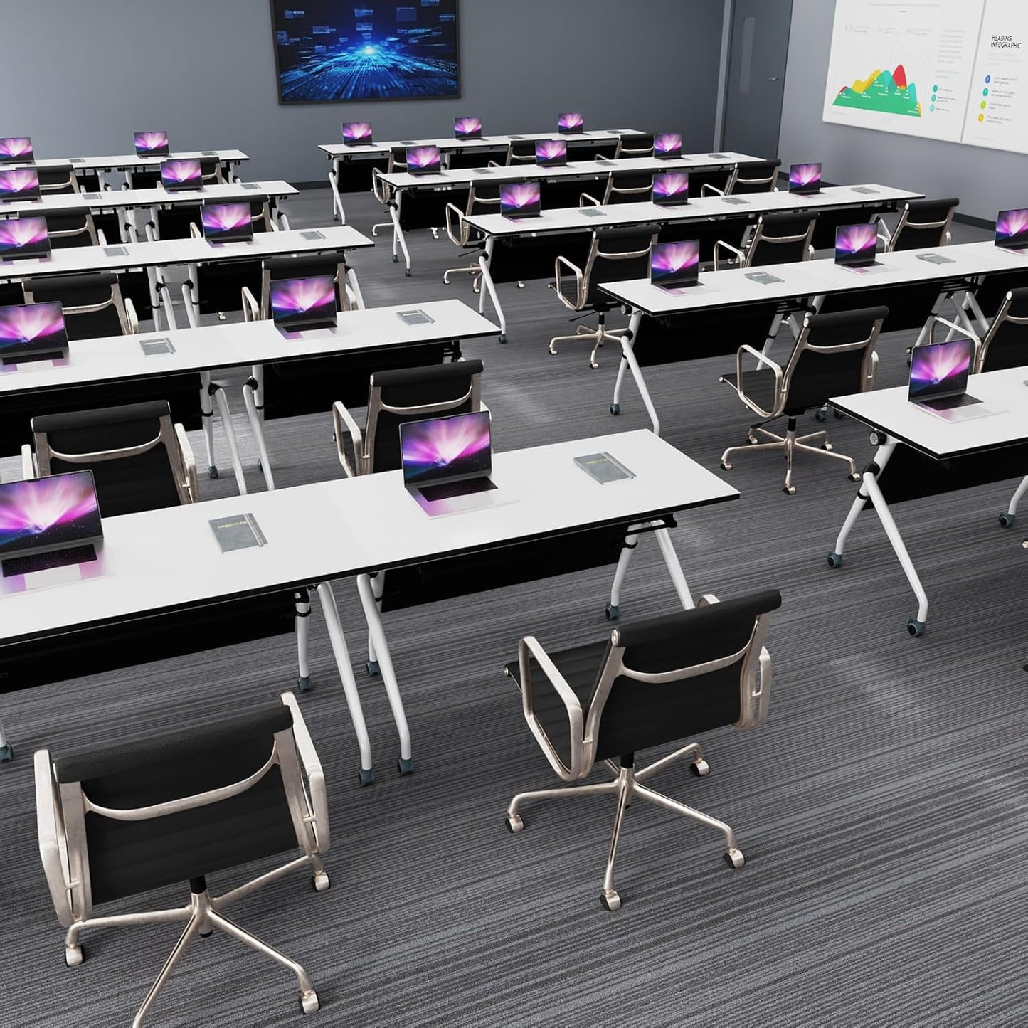 Conference Table, Folding Conference Room Tables, Mobile Training Tables with Silent Wheels, Large Rectangular Modular Seminar Table Office Computer Desks for Classroom White (2Pack L63in)