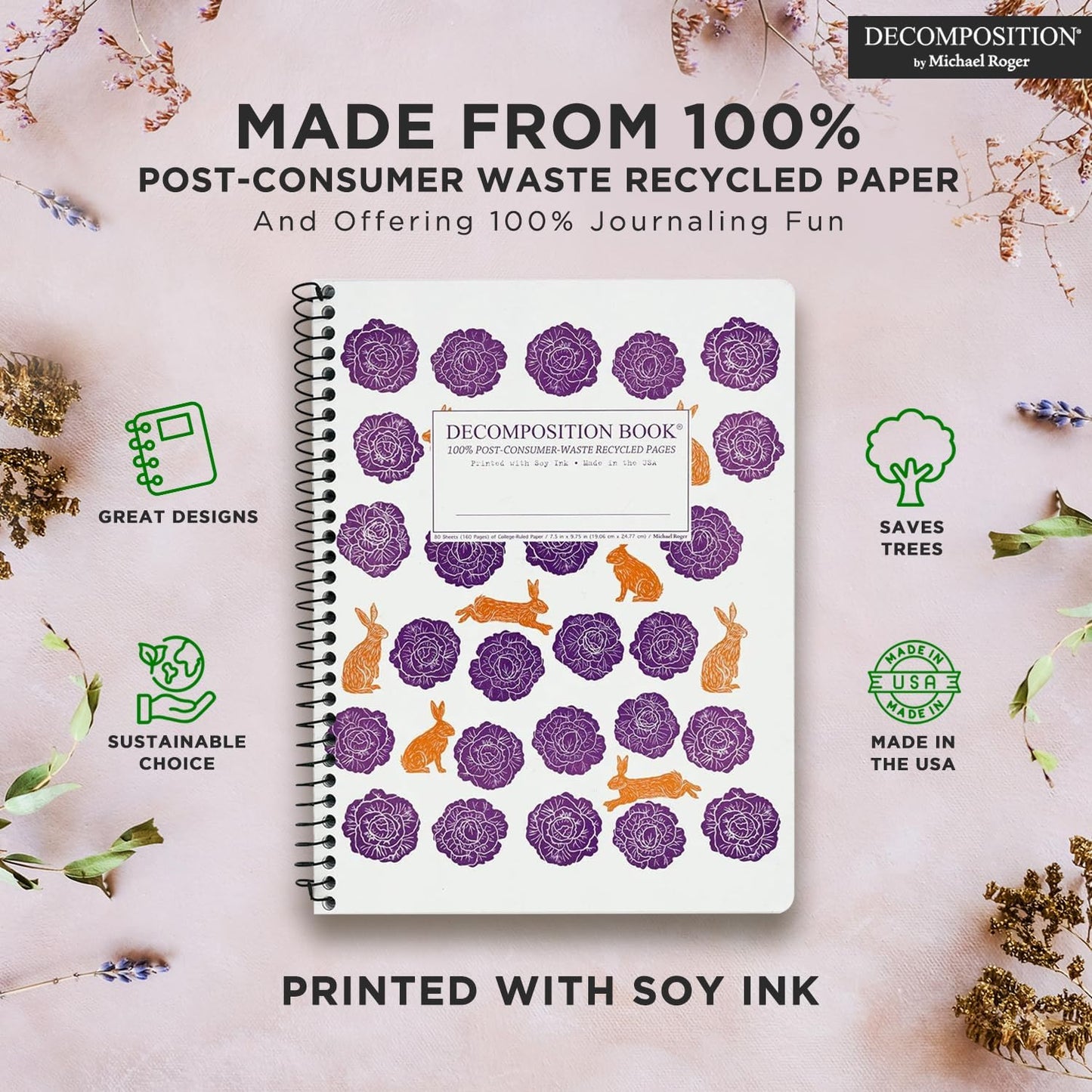 Decomposition Cabbage Patch College Ruled Spiral Notebooks – 9.75 x 7.5 Journal with 160 Lined Pages – Notebooks for School Supplies, Home & Office – 100% Recycled Paper – Made in USA