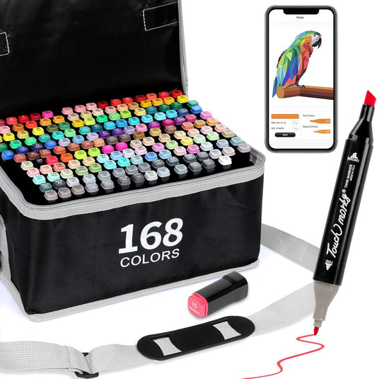 168+2 Colors Alcohol Markers with Free App, Chisel & Fine Tip Alcohol-Based Marker Set for Adults Kids, Dual Tip Artist Markers for Drawing, Coloring Illustration, Painting and Great Gift Idea
