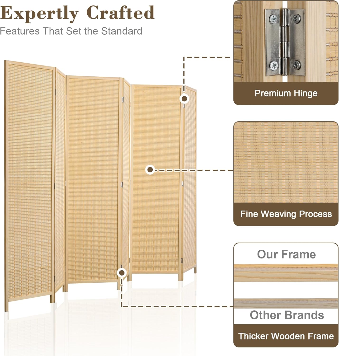 WelFurGeer 6 Panel Bamboo Room Divider, Folding Privacy Screen for Room Separation, Natural Wood Room Partitions and Dividers, Patio Privacy Panels, Decorative Wall Divider for Home, Office, Studio