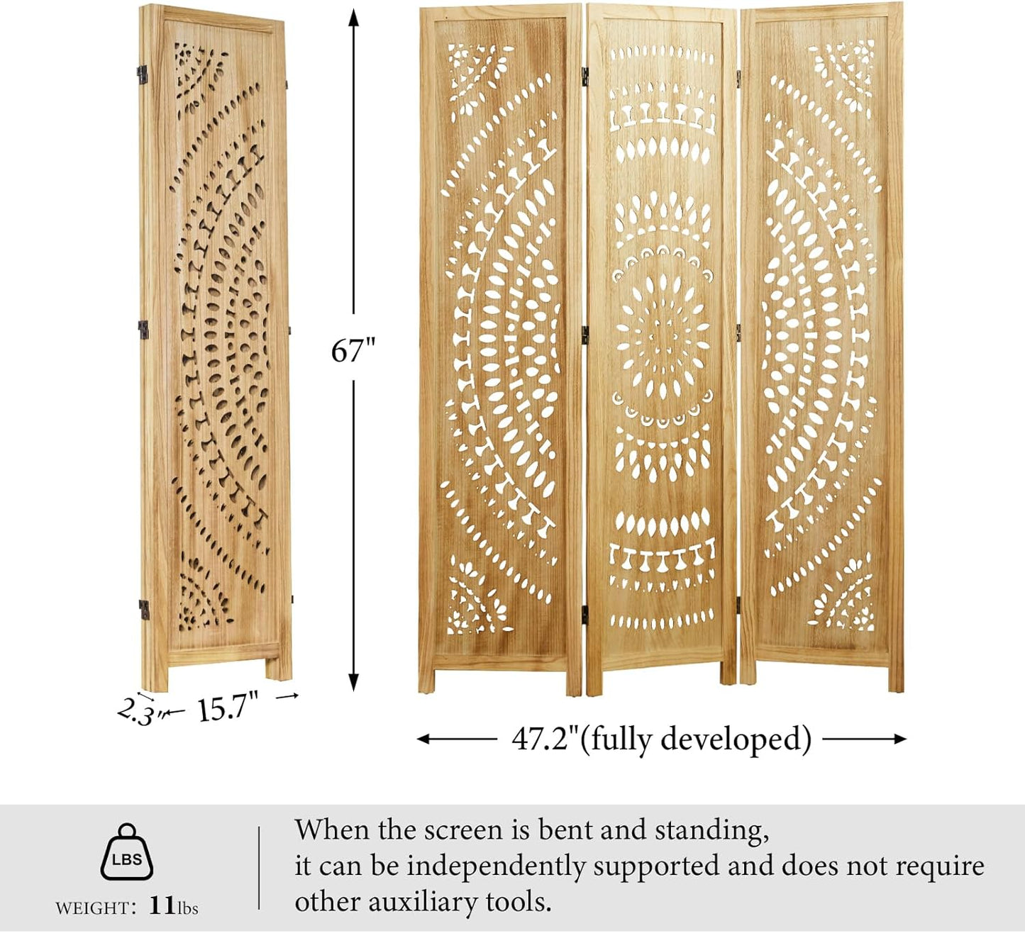 66.9Inch Folding Room Divider, 3 Panels Wood Carved Privacy Screens, Free Assembled Freestanding Partition for Home Office Restaurant Bedroom (Natural)