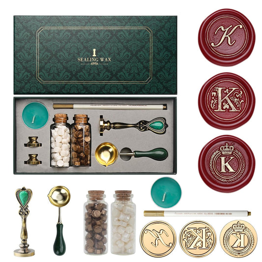 Letter Wax Seal Stamp Kit, Andotopee Wax Seal Kit Initial Alphabet K Sealing Wax Stamp Head 3pcs, Vintage Wax Stamp Seal Kit with Wax Seal Beads, Wax Seal Warmer Tools, Wax Seal Pen, Gift Box Set