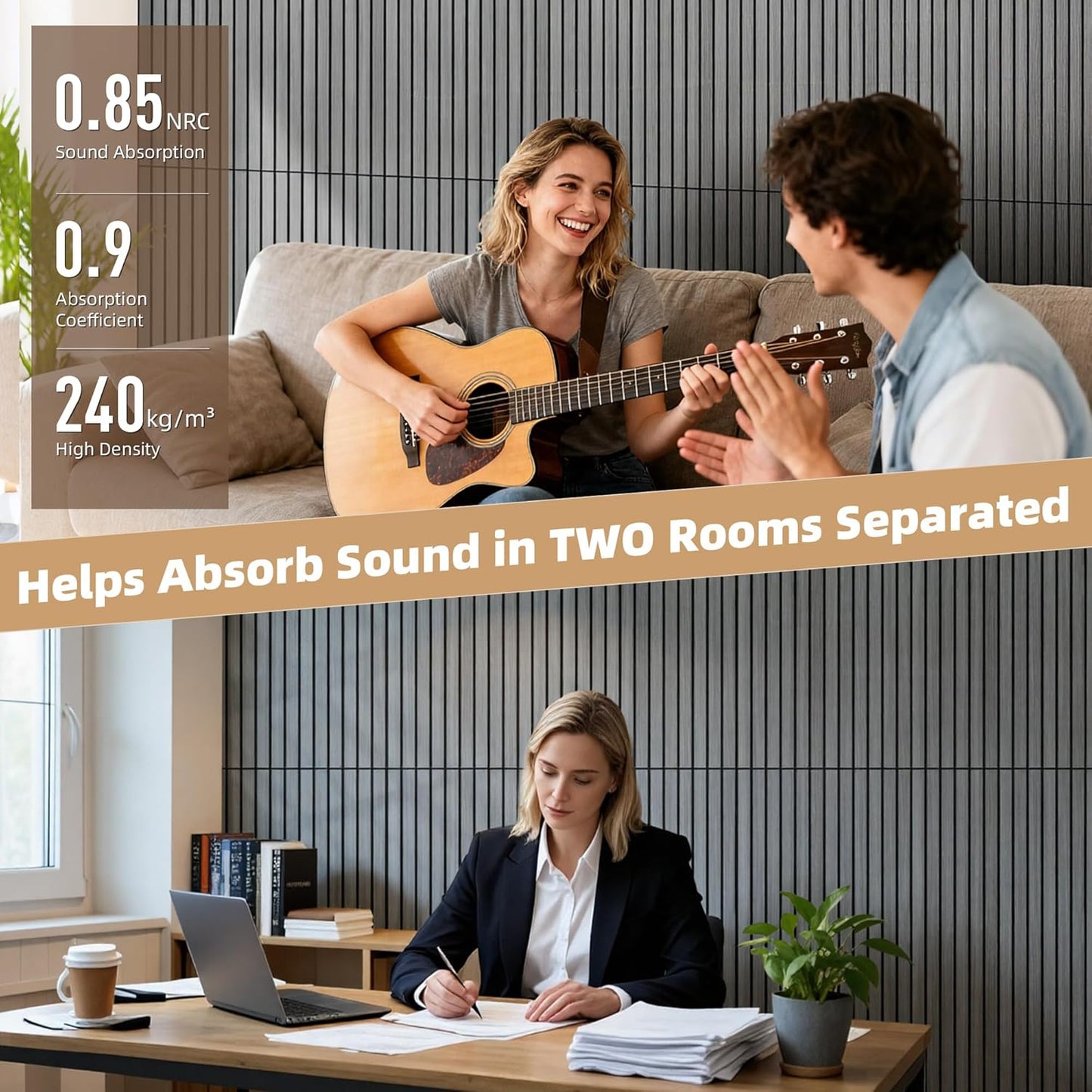 TO-TH Wood-Look Acoustic Panel, 4 Pack 47.2” x 23.6” Soundproof Wall Panels, Decorative Sound Absorbers Large Acoustic Panels for Home, Office, Basement, Gray Oak