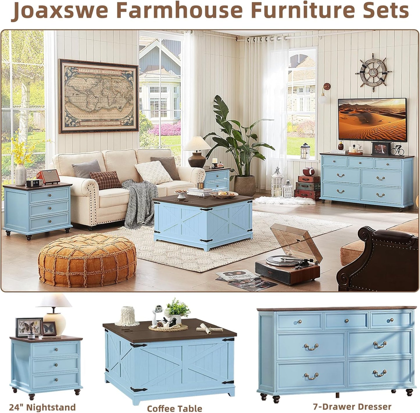 24" Wide Farmhouse Night Stand,Large End Table with 3 Drawers & Metal Handle,Light Blue Wood Dresser for Bedroom Cabinet, Bed Side Tabl·e Chest of Drawers,Nightstand for Living Room,Close