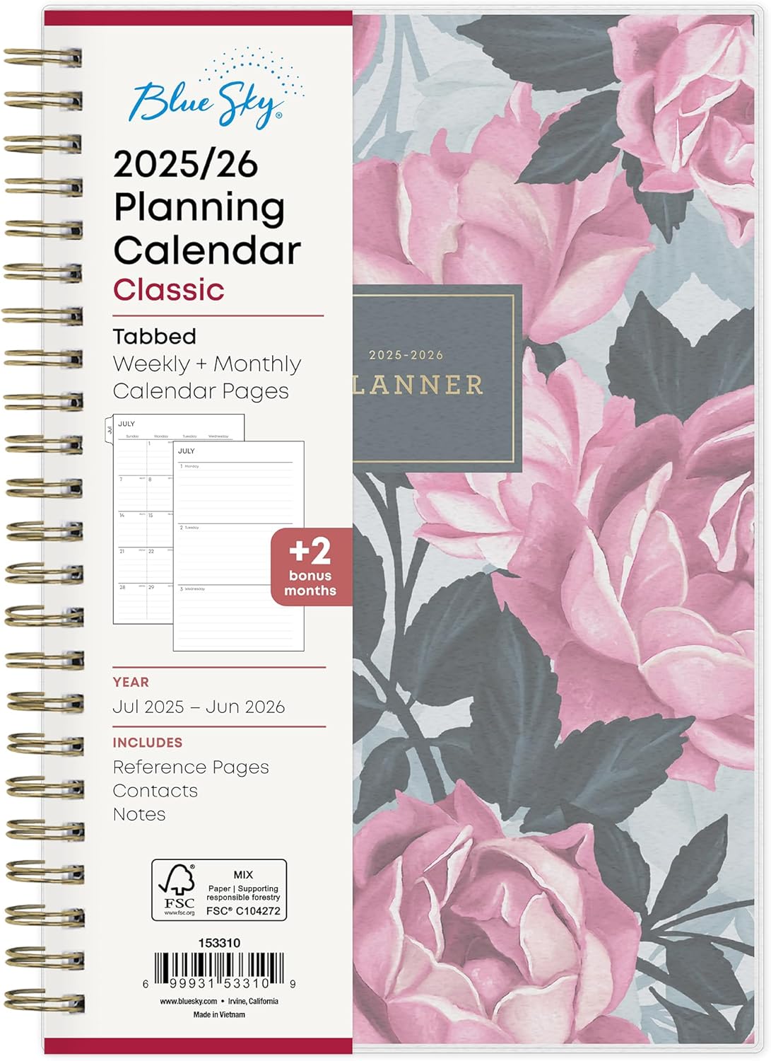 Blue Sky 2025-2026 Weekly and Monthly Academic Year Planner Calendar, July 2025 - June 2026, 5" x 8", Flexible Cover, Wirebound, Laminated Tabs, Roosevelt Pink