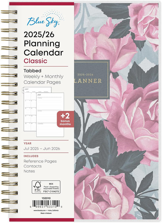 Blue Sky 2025-2026 Weekly and Monthly Academic Year Planner Calendar, July 2025 - June 2026, 5" x 8", Flexible Cover, Wirebound, Laminated Tabs, Roosevelt Pink