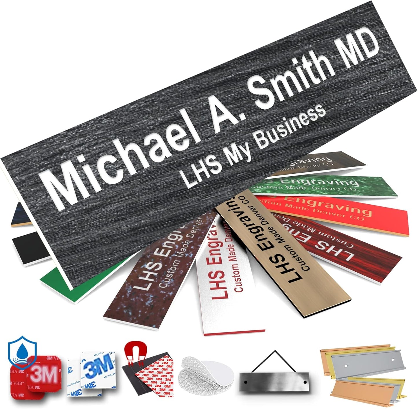 Door Name Plate Personalized for Office Ash Plastic Name Plate White Letters - Made in USA 2x10 N1