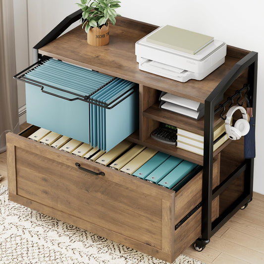 HSH Mobile Lateral File Cabinet with Drawer, Rolling Filing Cabinet for LegalLetter Size, Printer Stand with Storage Shelf, Lockable Wheels, Hanging File Organizer for Home Office, Rustic Oak, 33Inch