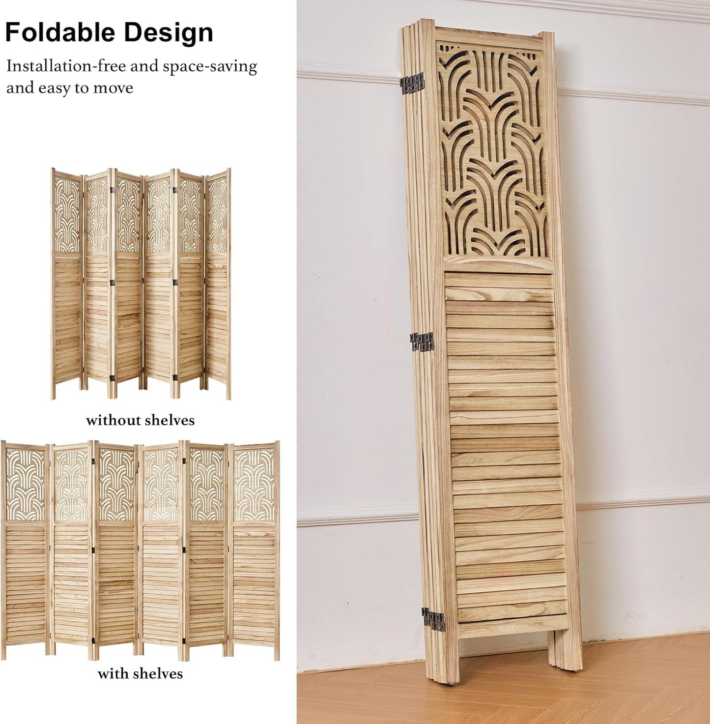 Folding Room Divider, 66.9 Inch 6 Panels Wood Carved Privacy Screens, Free Assembled Freestanding Portable Separation Wall for Home Office Bedroom (Natural)