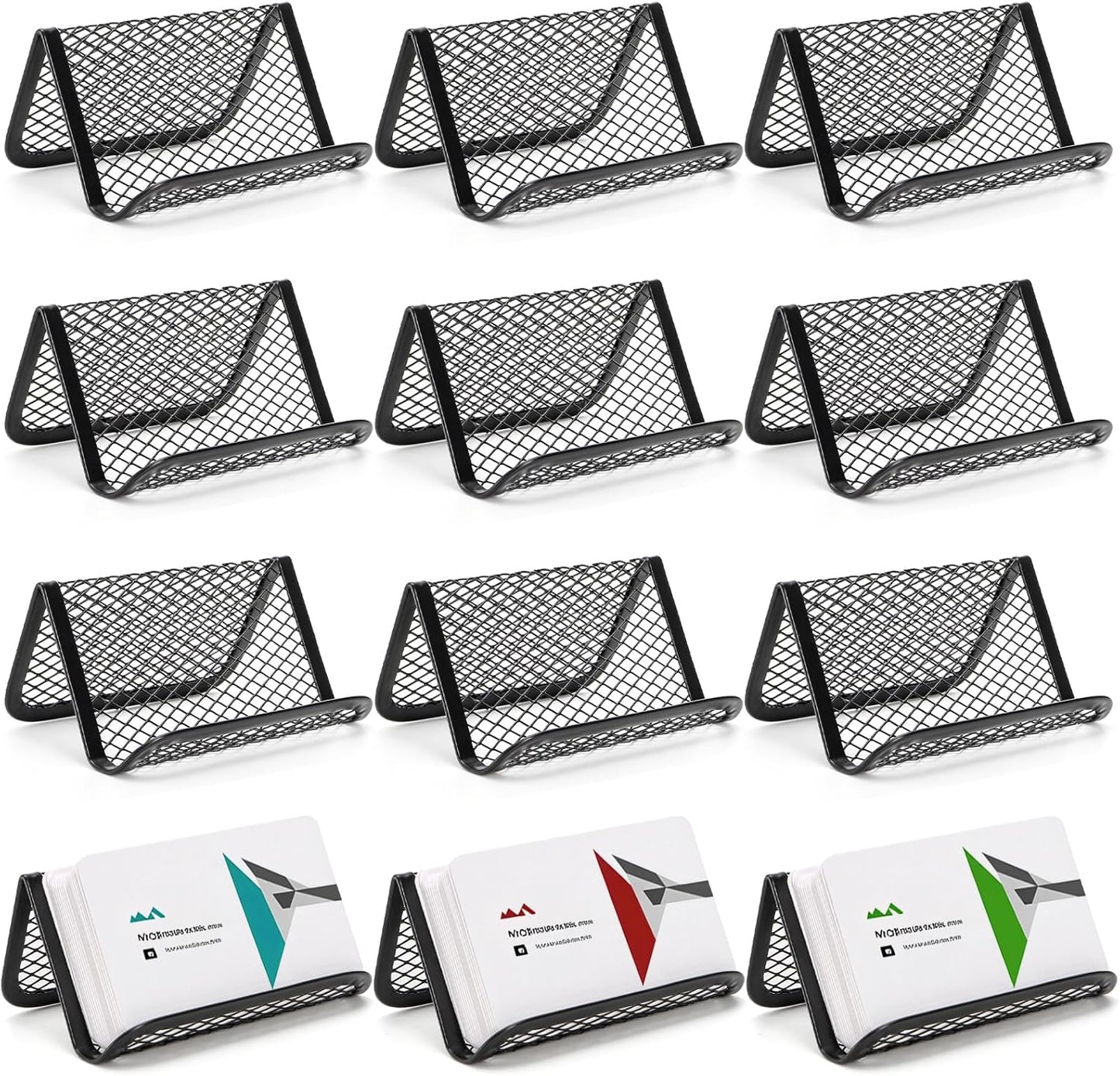 Suwimut 12 Pack Business Card Holder for Desk, Metal Mesh Business Card Stand Desktop Display Rack, Black Business Card Organizer Holds up to 50 Name Cards for Office