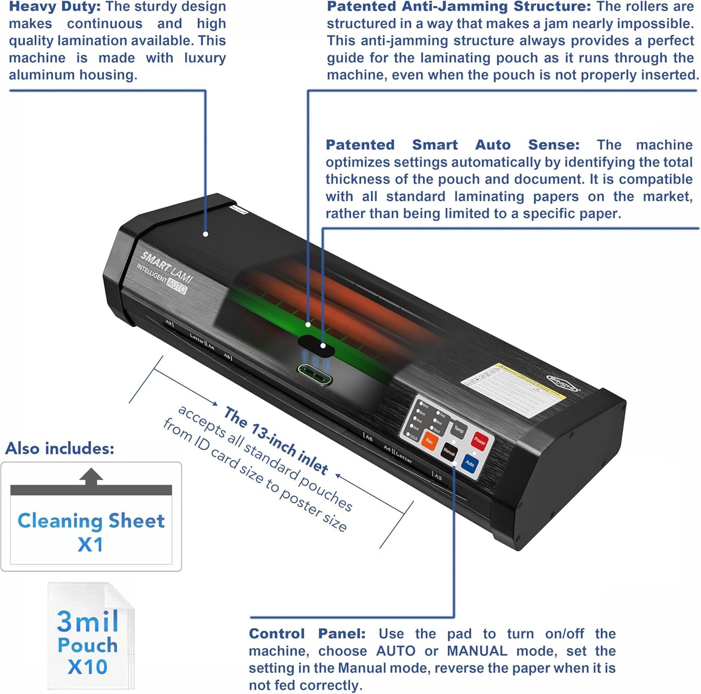 SINCHI Auto Sense, 3-10 mil Laminating Machine for Office and School, 50-Second Warm-up, 17s/Sheet, Never-Jam, Heavy Duty, 13-inch Thermal Laminator Machine 11x17