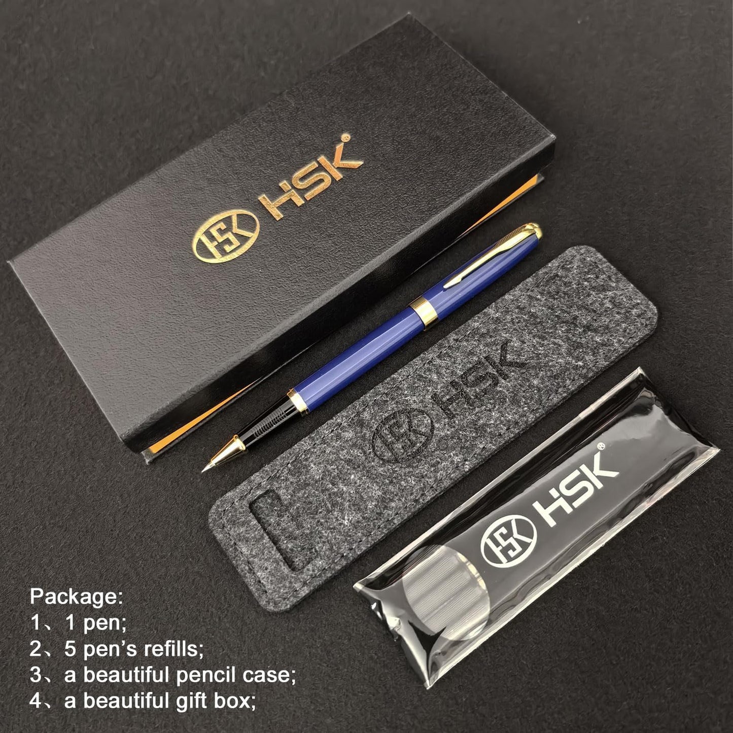 HSK Ballpoint Pens Executive Fountain Pen with Gold Trim, Gift Box Set, Available in Black, Red, Navy Blue,Black Refill Line width 0.5mm (Blue)
