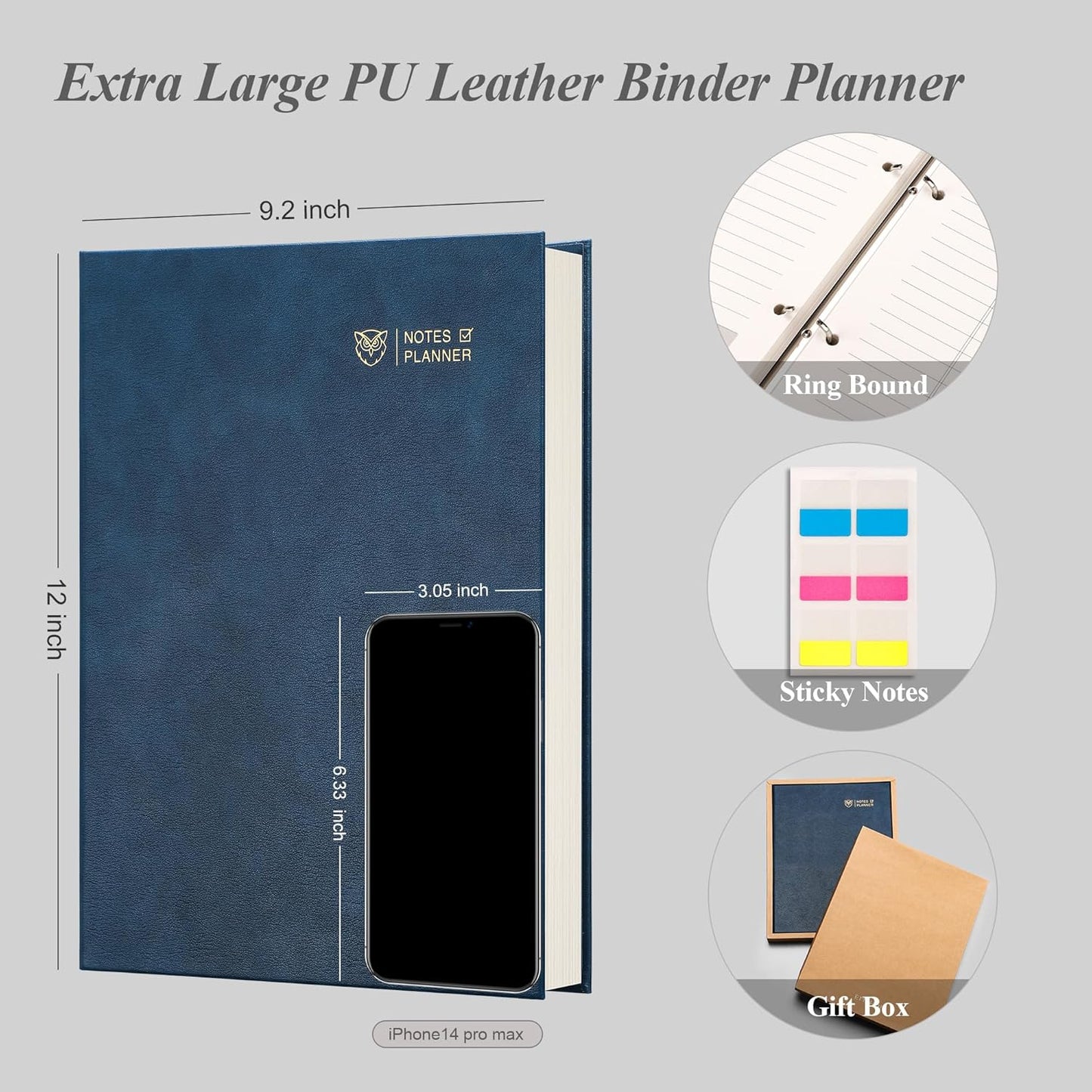 EMSHOI Undated Daily Planner 9.2" X 12", A4 To Do List Notepad, 240 Pages Ring Binder Planner Hardcover Leather Notebook for Work Business Meeting, with Yearly Schedule, Habit Tracker, Blue