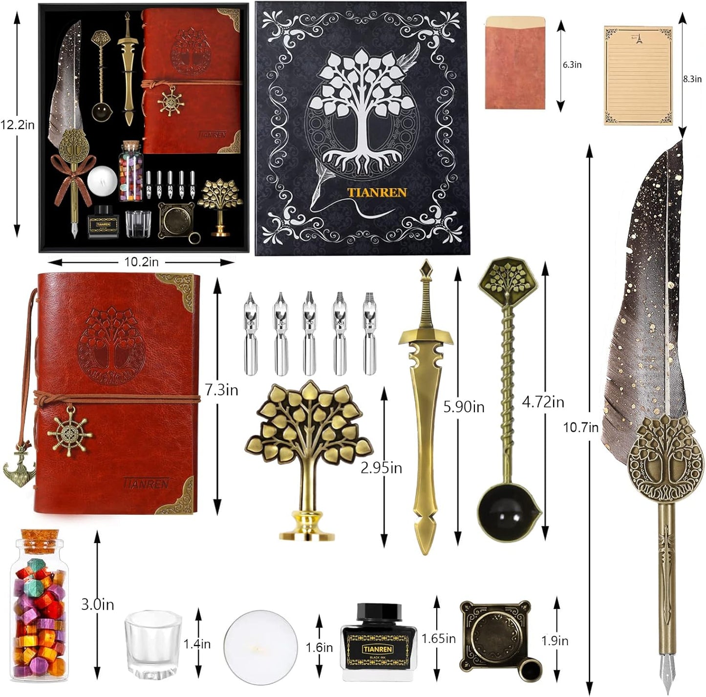 Feather Dip Pen and Ink Set,quill pen ink set,Antique Calligraphy Pen with 5 Replaceable Nibs,Wax Seal Stamp,Wax Beads &Leather Writing Notebook Christmas Gift for Men&Women.(Grey)