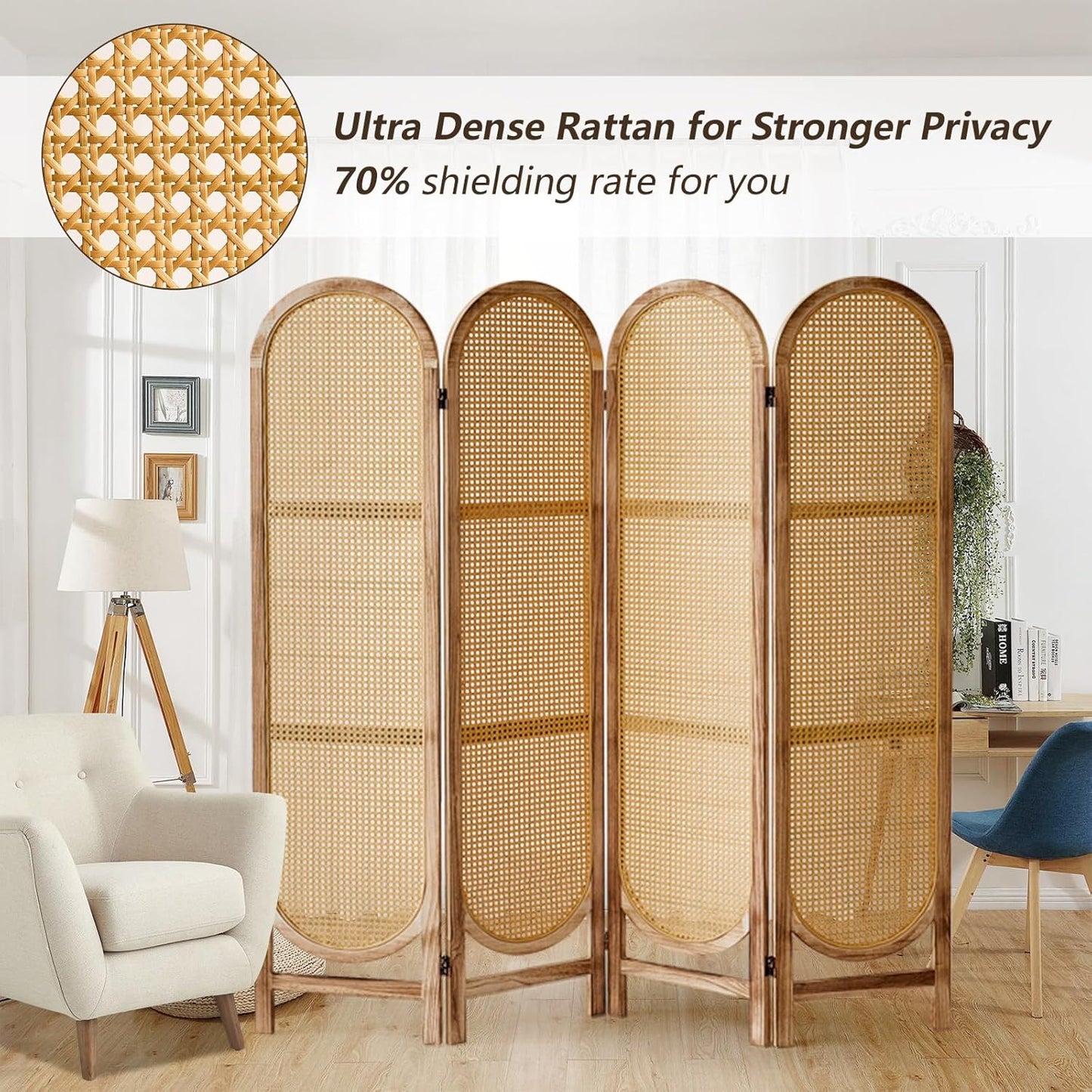 4 Panels Room Dividers and Hand-Woven Rattan Room Divider Wall, Wood Room Divider Folding Privacy Screens for Home Office Bedroom, Light Brown