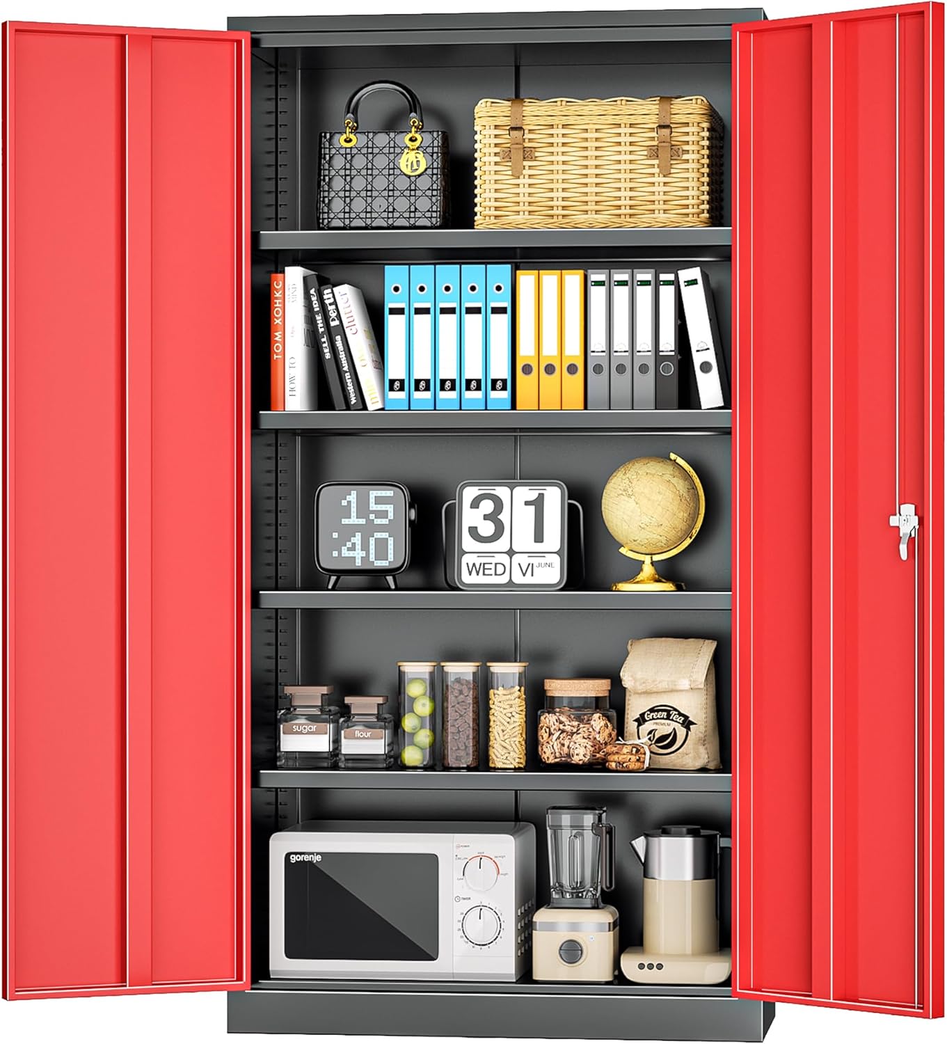 INTERGREAT Metal Lockable Storage Cabinet, 72” H Storage Cabinet with 2 Doors and 4 Adjustable Shelves for Office, Home, Garage, Pantry (Assembly Required, 18”D, Black Red)
