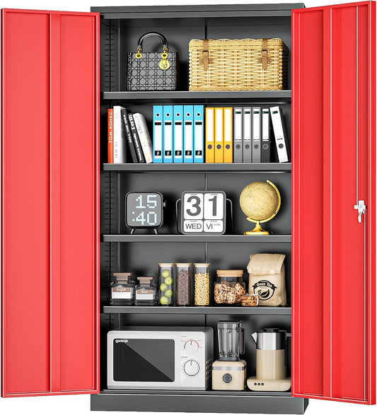 INTERGREAT Metal Lockable Storage Cabinet, 72” H Storage Cabinet with 2 Doors and 4 Adjustable Shelves for Office, Home, Garage, Pantry (Assembly Required, 18”D, Black Red)