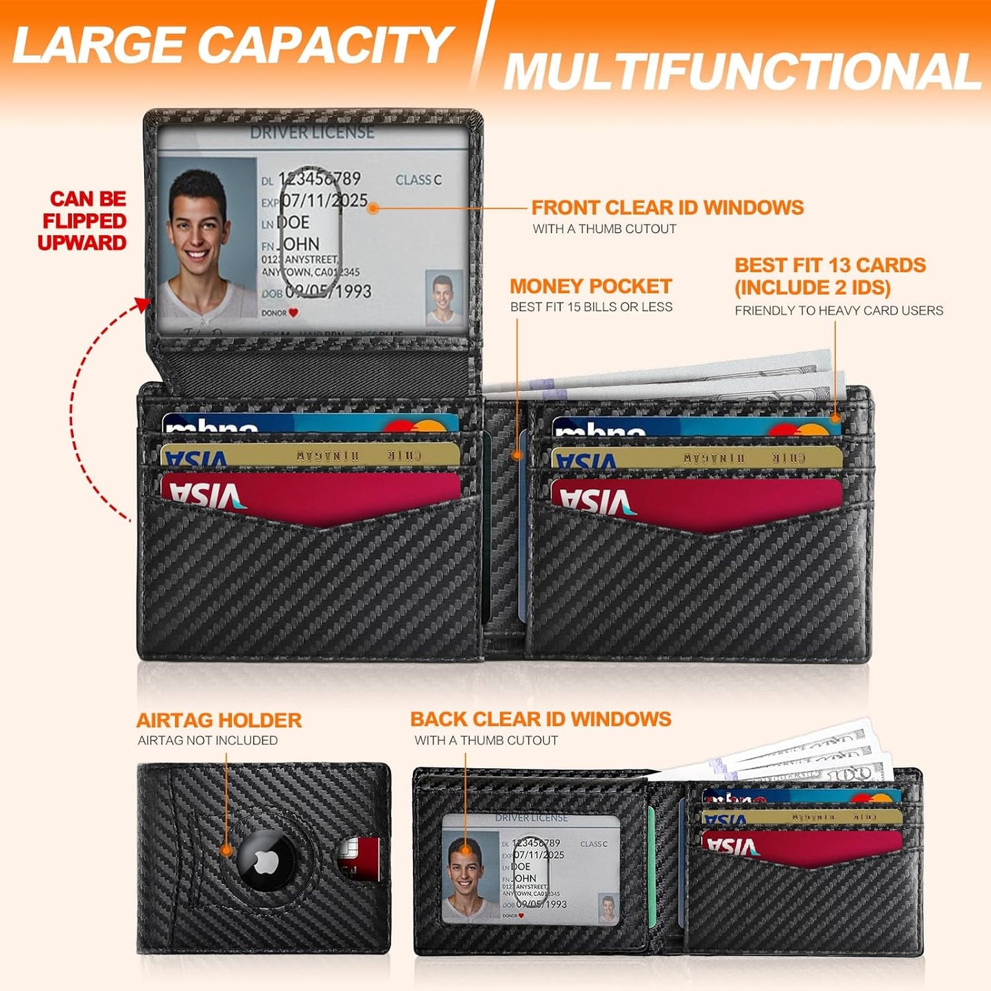 Slim Wallet for Men RFID Blocking Bifold Carbon Fiber Mens Slim Wallet,Minimalist Front Pocket Small Compact Mens Leather Wallets,Smart Security Credit Card Holder Wallet 2 ID Window With Gift Box