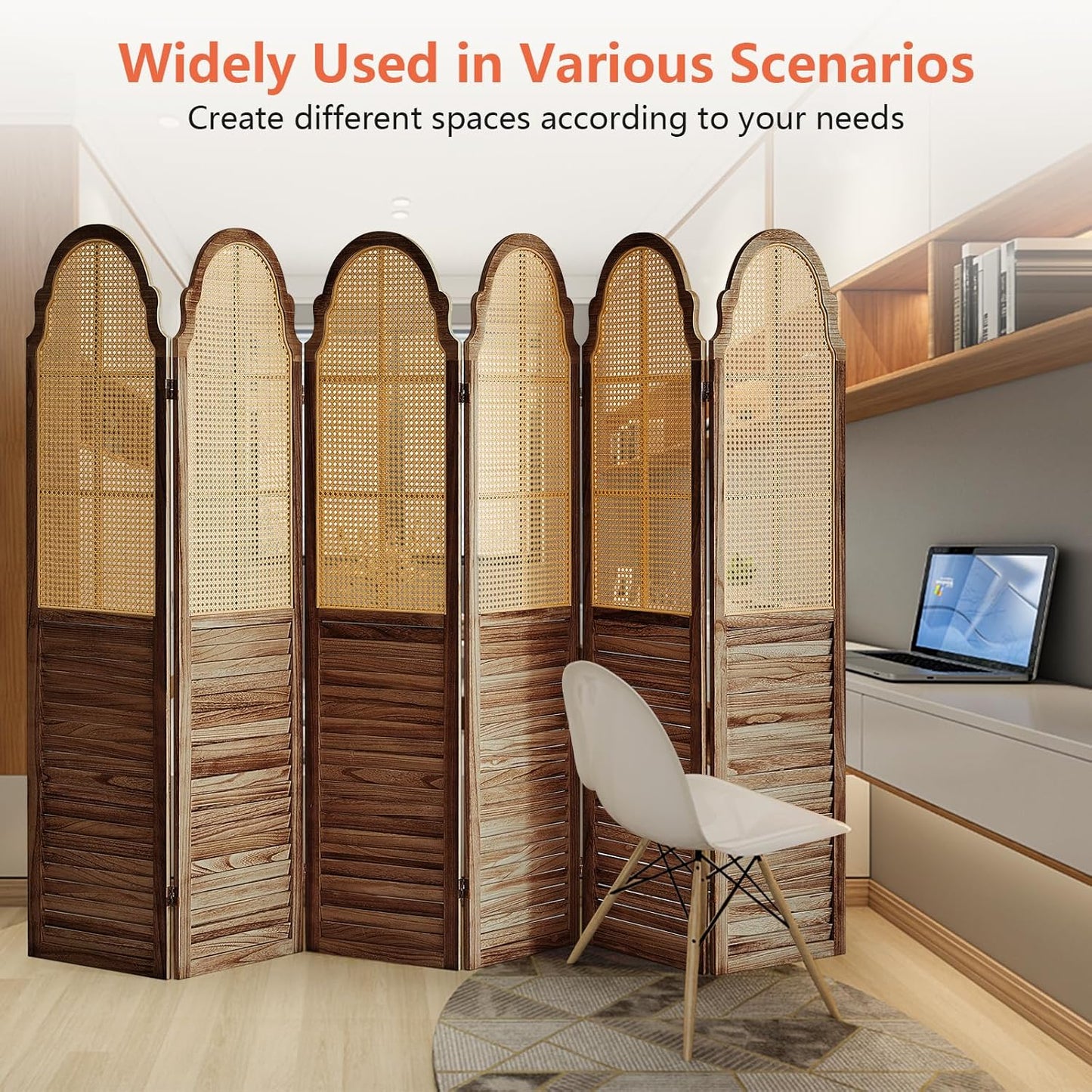 6 Panel Rattan Folding Screen Room Divider, Privacy Dividers for Rooms, Louvered Partition Dividers, Room Divider Panel for Bedroom, Dressing Room, Balcony, Dark Brown